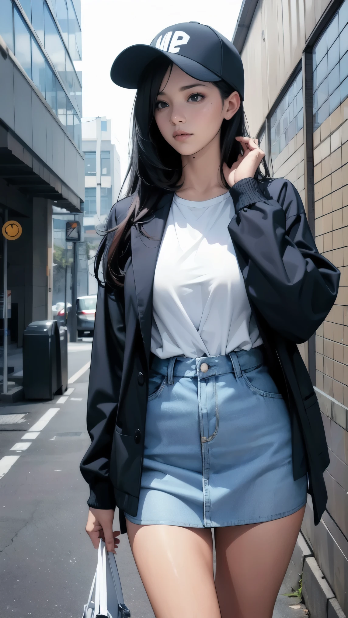 masterpiece, high quality, ultra-realistic, 8k resolution, a stylish young woman, around 23 years old, standing in front of a modern cram school building in an urban city setting, long black hair, wearing a casual yet fashionable outfit including a baseball cap pulled down to partially cover her face, holding a phone in one hand and keeping the other in her jacket pocket, soft afternoon lighting, mysterious and reserved expression, busy background with other students entering and exiting the building, detailed environment, urban atmosphere