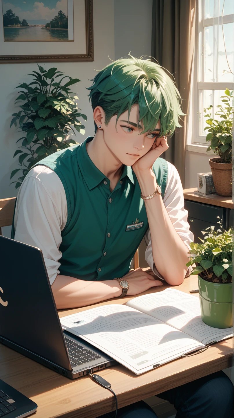 1boy, green hair, beautiful boy, ((black eyes)), white shirt, school uniform, black trousers, very short hair