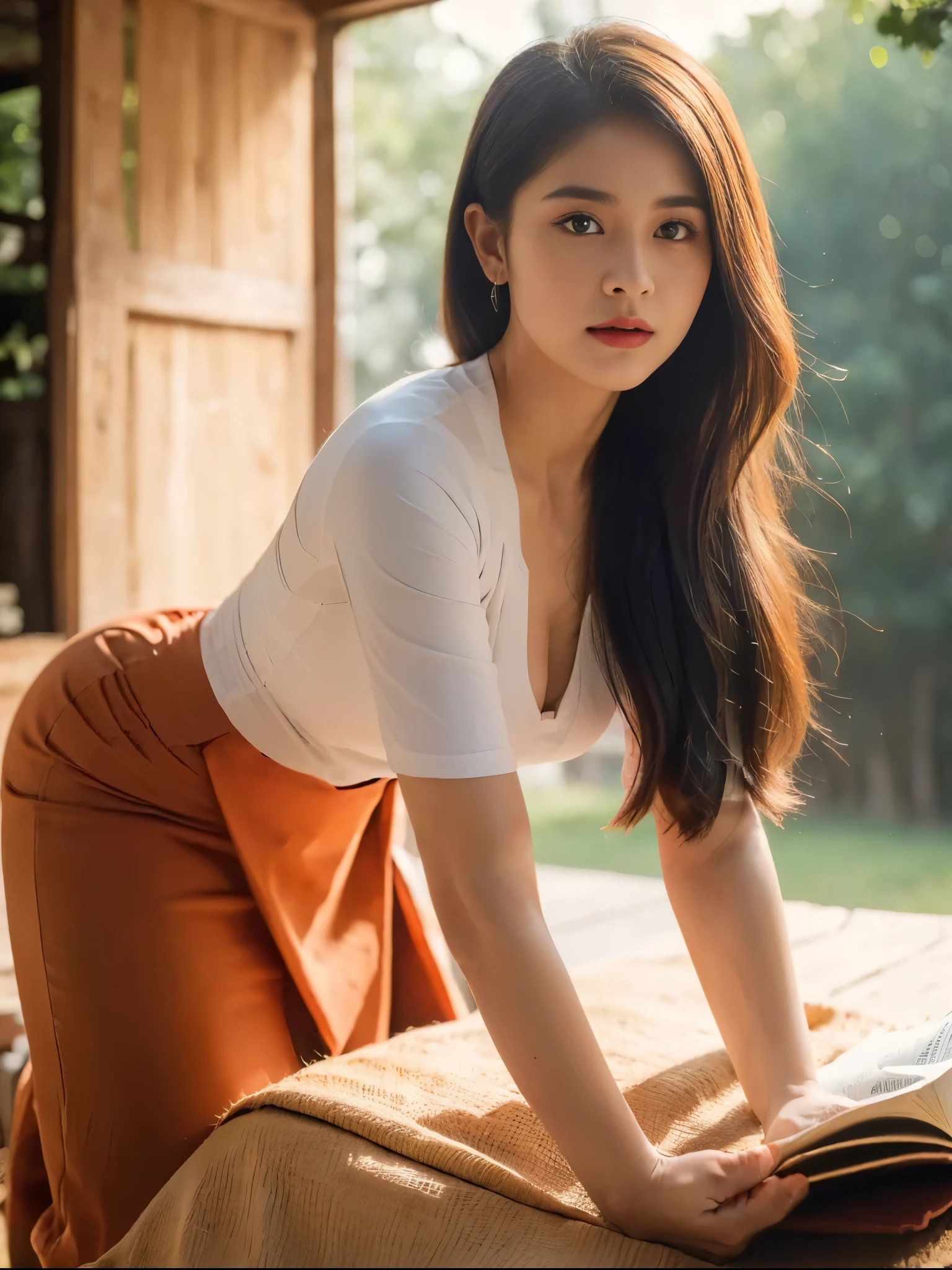 ((Best Quality, 8k, Masterpiece:1.3))), Crisp Focus: 1.2, (Beautiful Woman with Perfect Figure: 1.4) , wearing ninja mask, Burmese girl,all fours down, ,((Myanmar Teacher And Student Outfit, wearing acmm Pale Orange color top,wearing acmm dark red colour long skirt, ))beside view,In the forest background ,film effect 、best position,best composition, perspective view, ultra wide view,(best quality,4K,8K,highres,masterpiece:1.2),ultra-detailed,(realistic,photorealistic,photo-realistic:1.37),HDR,studio lighting,sharp focus,
