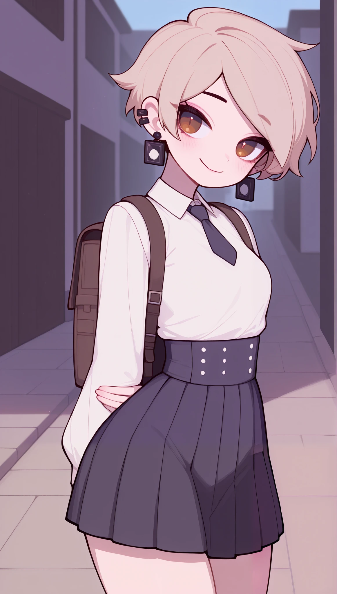 (masterpiece), (portrait), small breasts (aesthetics), ((1 female 21 years old)), Highlight earrings), ((very short hair, piercing in the ear, punk girl style )), ((Hot beige hair)), straight hair, thin eyes open, brown eyes, cute, female, woman, shy, distracted smile, beautiful, female features, top, high quality, aesthetic clothing, professional angle, (rule of thirds), (feminine), (feminine), (feminine), (beautiful) , (female ) features), solo, (Korean attractive), summer, (ink haze), (afternoon), (vibrant light), seductive posture, ((face looking forward))), school uniform, long-sleeved coat, white blouse underneath, tie, blue pleated skirt. backpack on the back ((Energy)), (no makeup), (small Breasts), Fair Skin, (Clothes with Hip Hop Details, horny and slutty voluptuous woman), (a girl, hot fit, voluptuous mature body, super curvy body), (Sleep Neckline), Beautiful Hands, Body beautiful, beautiful ears, beautiful eyes, bright eyes, beautiful mouth, beautiful lips, needy expression, sidewalk, houses, hot and thick thighs