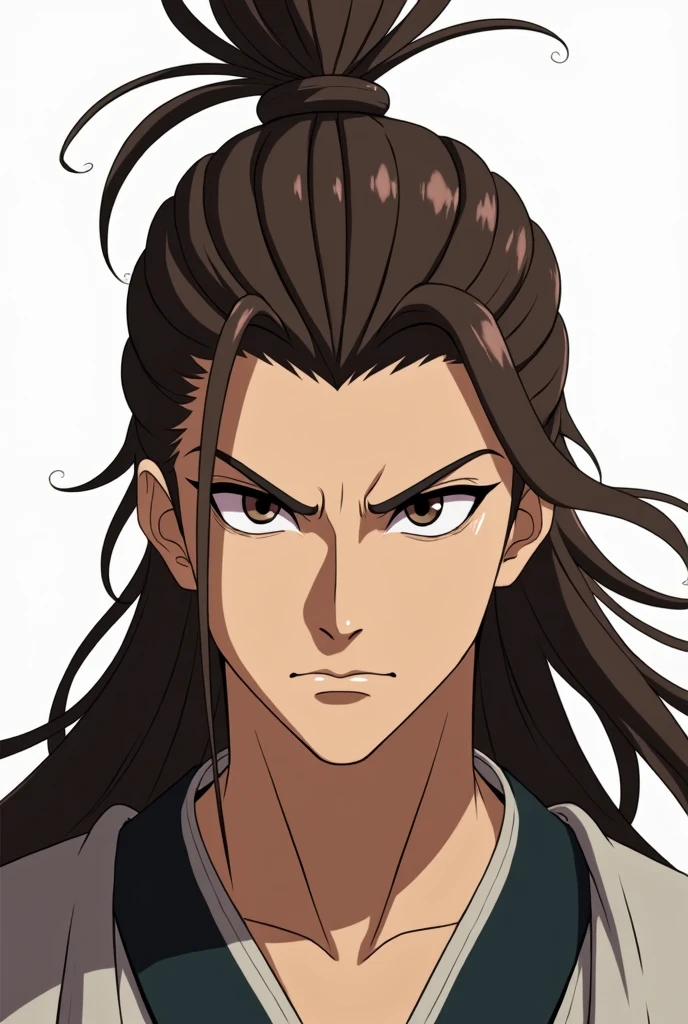 Man with long brown hair tied up like a samuray , long eyelashes , serious eyes, Anime style