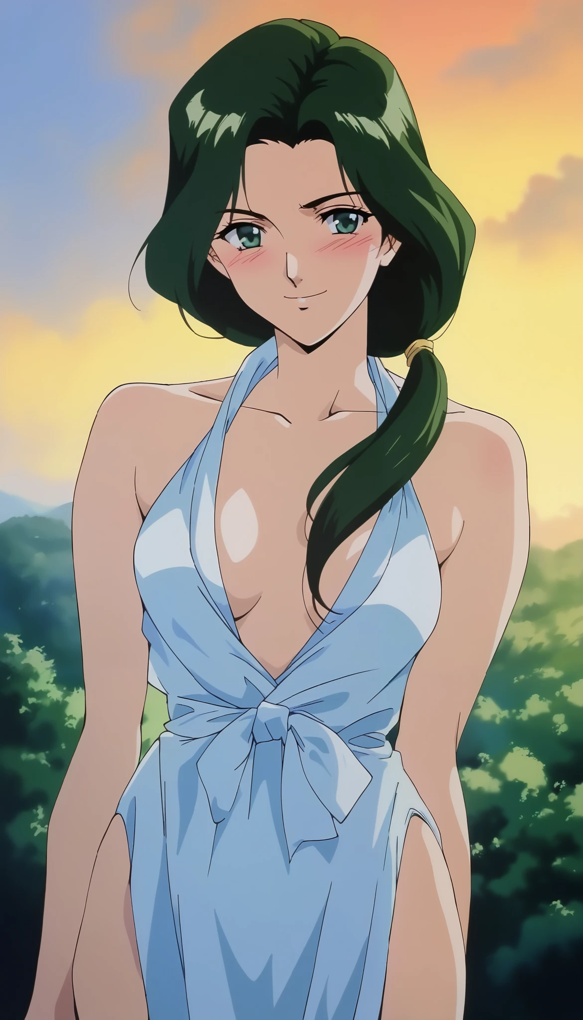 sakurai_sensei, (cowboy shot), dark green hair, long hair, green eyes, low ponytail, anime coloring, Alone, blue eyes, shoulder-mounted hair , pretty face, small breasts, cleavage, (blight smile:1.2), (blush:1.2), ( woman), ( sexy pose), ( I'm ashamed), outdoor, score_9, score_8_superior, score_7_superior, source_anime, (best quality:1.2), masterpiece, high quality , full color, 8k, high resolution, natural makeup, Front Light