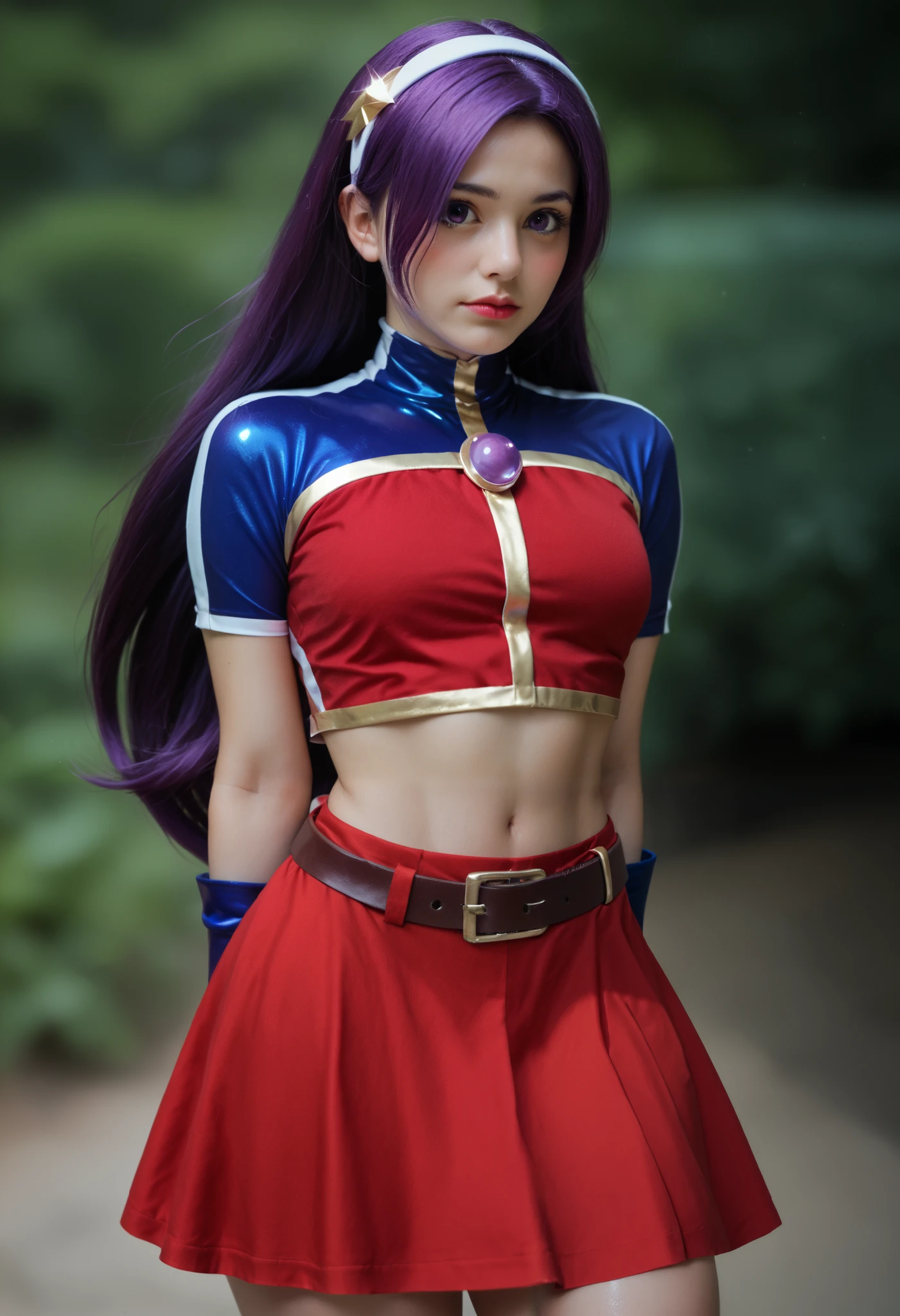 cosplay, hyperrealistic,pretty face, purple hair, long hair, purple eyes, white hairband, blue sleeves, pearl (gemstone), short sleeves, red top, belt, navel, red skirt, blush, solo,ATHKOF2002, shiny skin, upper body close up, midriff, thick thighs, shiny clothes, arms behind back, closed mouth, lipgloss