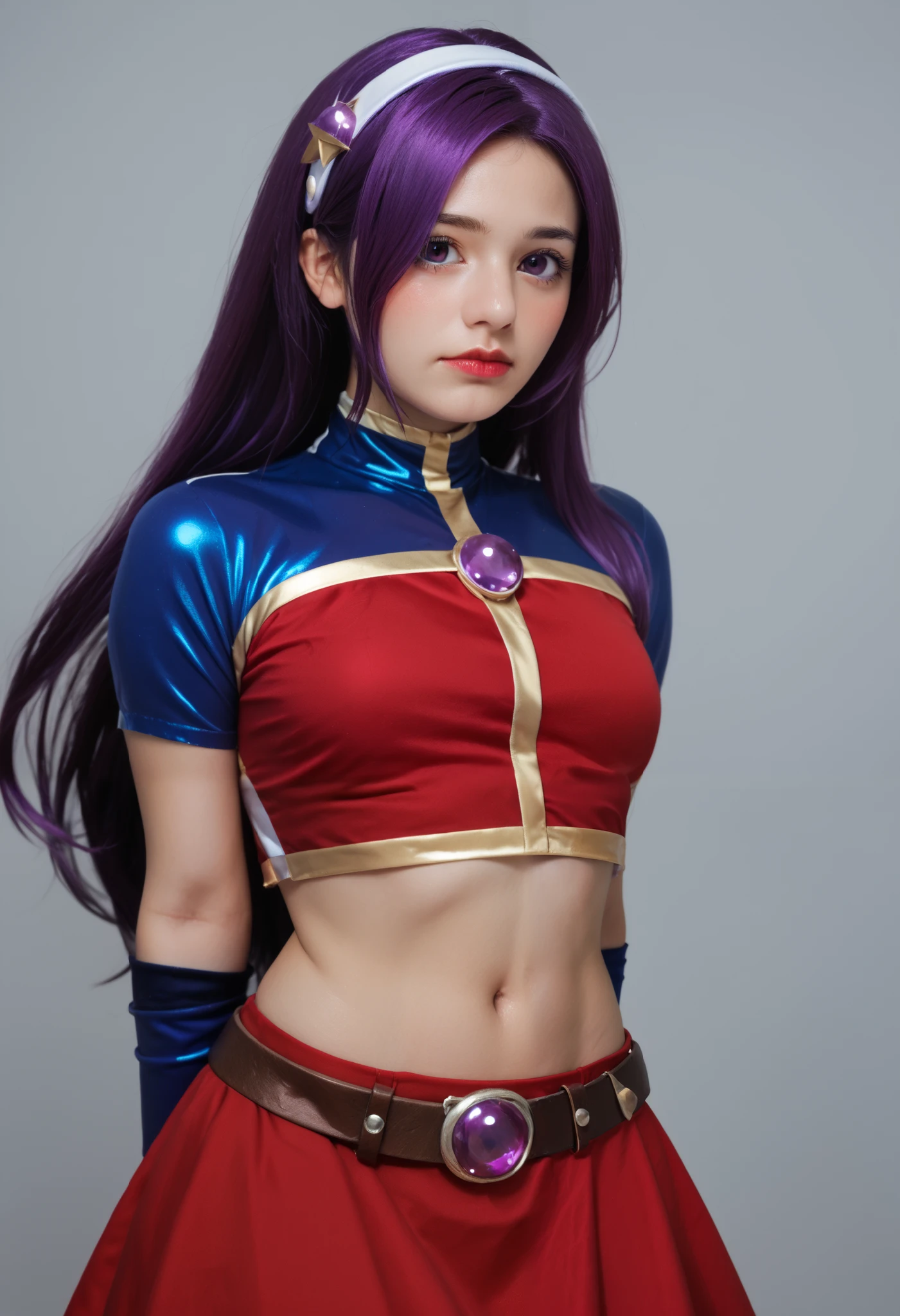cosplay, hyperrealistic,pretty face, purple hair, long hair, purple eyes, white hairband, blue sleeves, pearl (gemstone), short sleeves, red top, belt, navel, red skirt, blush, solo,ATHKOF2002, shiny skin, upper body close up, midriff, thick thighs, shiny clothes, arms behind back, closed mouth, lipgloss,shy