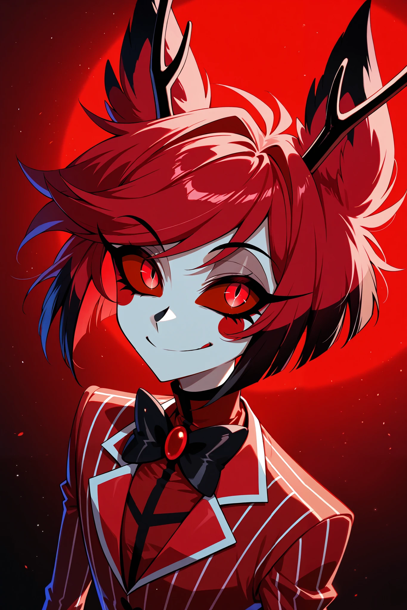(Alastor Hazbin Hotel), a red haired male,red pinstripe suit,red eyes red sclera, antlers, ears, soft lighting, 8k resolution 