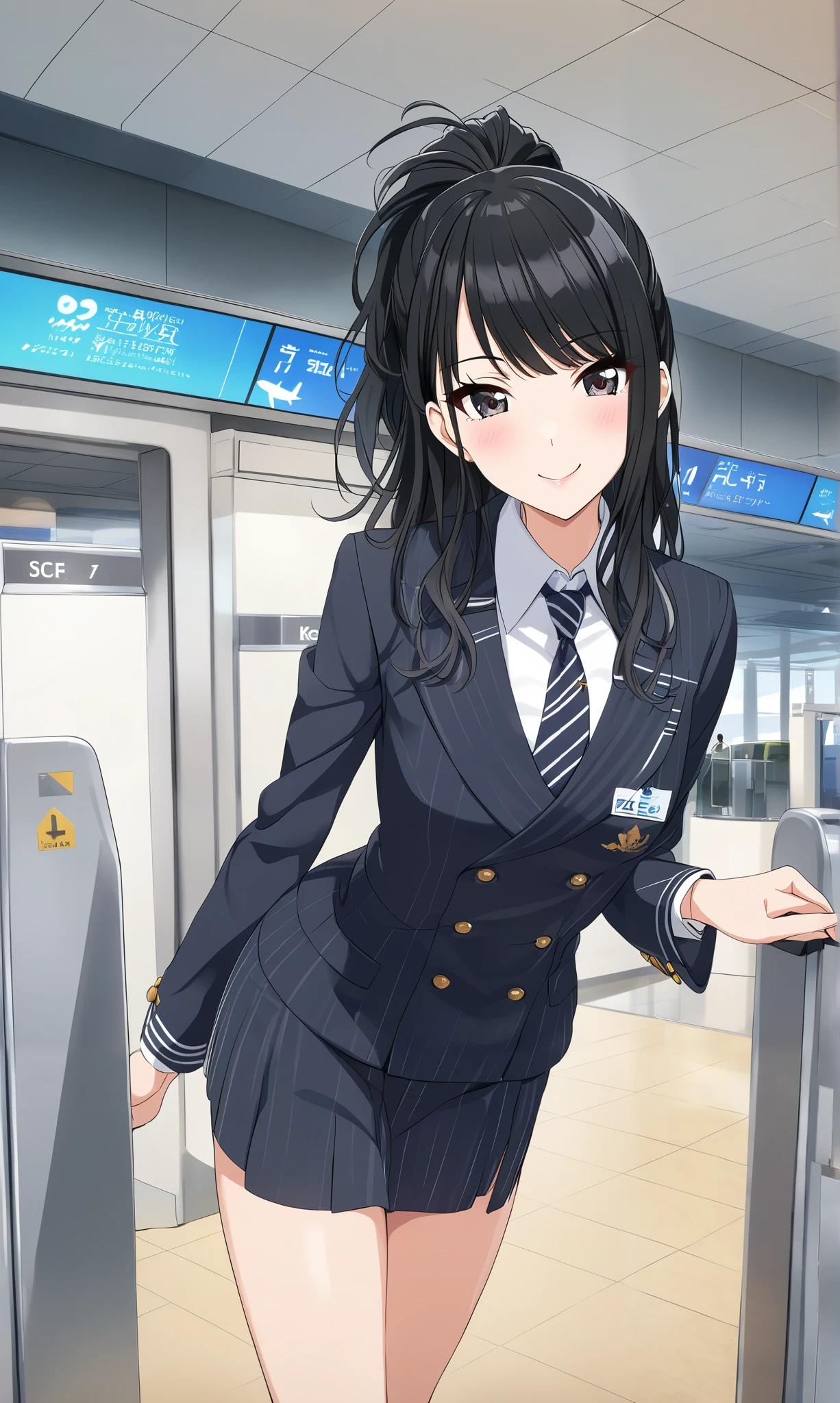 (Hiori Kazano), Alone, ponytail on noodles, black hair, black eyes, hair between eyes , small breasts, (flight attendant), ( sexy pose), (Red cheeks:1.2), cleavage, (bright smile:1.1), (Boarding gate ), (airport), score_9, score_8_superior, score_7_superior, source_anime, (best quality:1.2), 細部までこだわったanime, high quality , full color, 8k, high resolution
