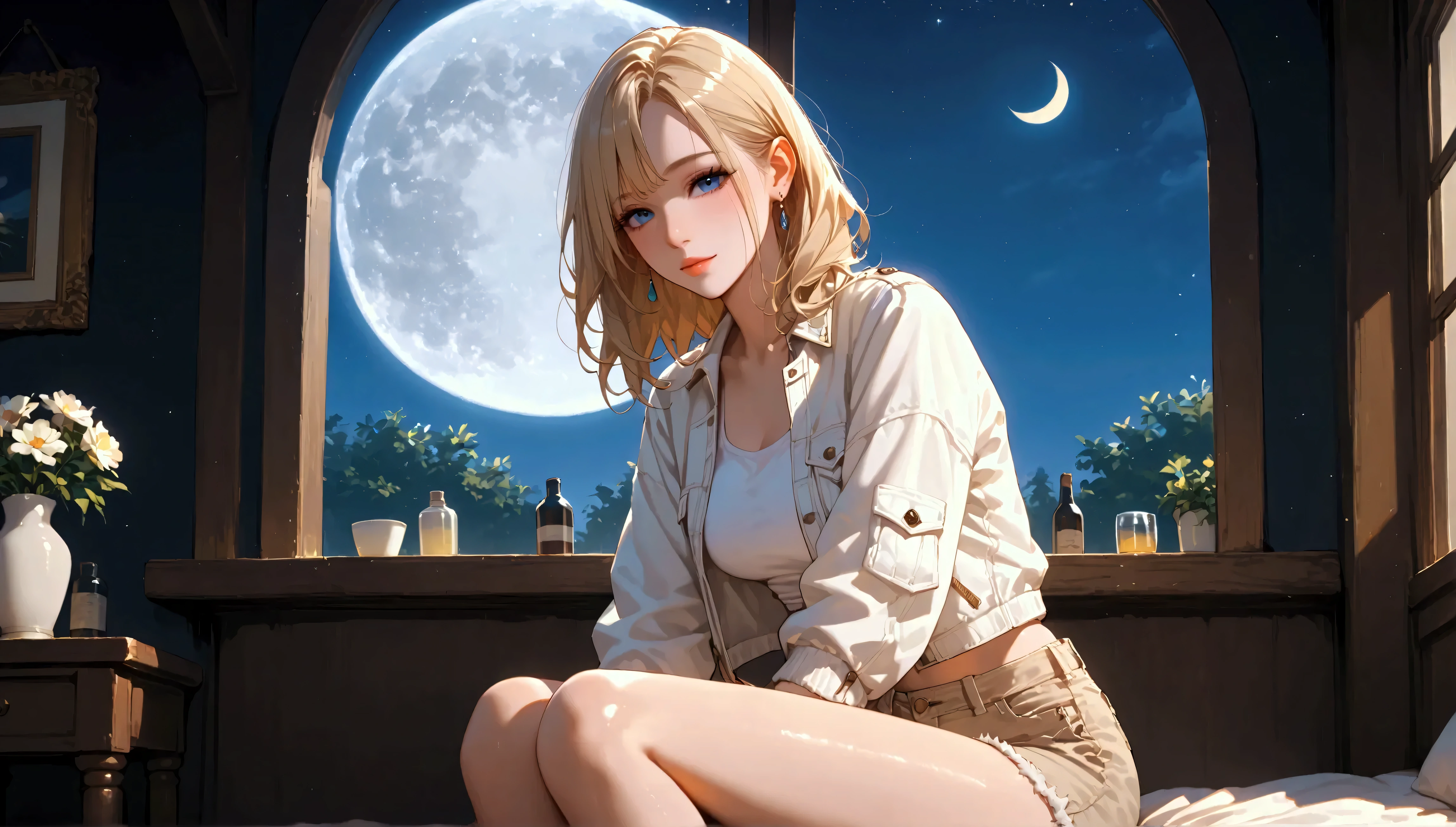 Card Captor Sakura。 beret。Full moon and starry sky, Sitting on the couch , One person, A glittering cityscape in the foreground、White tank top、Denim colored shorts