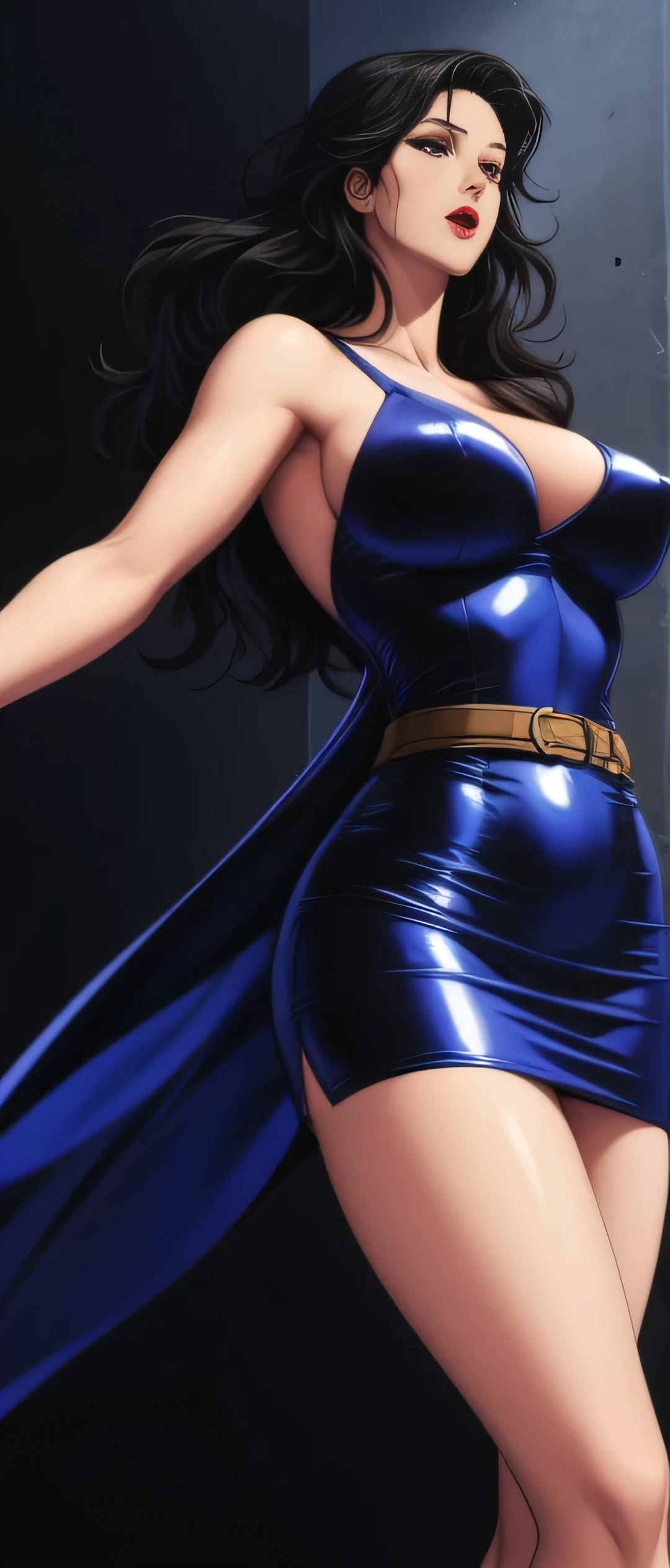 (masterpiece:1.2, Highest quality,Highest quality),(Very detailed),8K,wallpaper,Studio Lighting,Ultra-fine painting,Narrow your focus,Physically Based Rendering,1 female,Beautiful Skin,Shiny skin,Beautiful Hands,Detailed hand drawing,(Shiny costumes),(Wearing a belt around his waist),Sensual,(Hair blowing in the wind),((Night sky and shooting stars)),(((RuiKisugi,1 Female, Long Hair,Wavy Hair,Black Hair,eyelash,blue eyes,lipstick, Purple bodysuit,Off the shoulder, Green sash))),(((Better Hands))),Large Breasts,Big Hips,Thick thighs,(Long legs:1.2),Cleavage,Mature Woman, Hip Up,Abdominal muscles,((Large Breasts:1.4))、Tight waist,Voluptuous body line,Beautiful legs,Beautiful feet,Long legs,Photograph the whole body,Beautiful feet,Long legs,Thighs open,Nipples visible,The areola is protruding,Voluminous lower body,Thick thighs,Big Ass, Big sexy ass, Perfect Body Proportions, Slim waist, Full body photography、(Rope Bondage:1.2),((Put your arms behind your back)),Tied up woman,One leg is suspended above by a rough rope, Tied up with rope, Tightly bound, Hands tied, Her body was tied with ropes,Raise your legs、(((BDSM、Tie with rope:1.5))), Wearing high heels, Big Hips,Thick thighs,(Long legs:1.2),Very beautiful volume of legs,Leg and thigh shots,Very beautiful long and thick legs,Thighs open,Nipples visible,The areola is protruding,