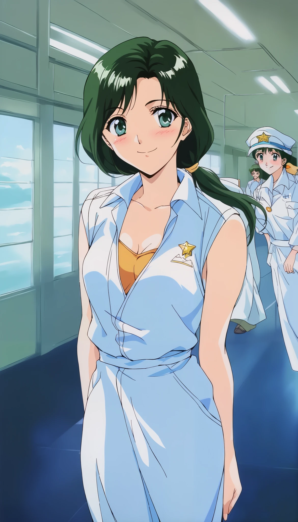 sakurai_sensei, (cowboy shot), dark green hair, long hair, green eyes, low ponytail, anime coloring, Alone, blue eyes, shoulder-mounted hair ,  pretty face,  small breasts, (flight attendant), ( sexy pose), (blush:1.2), cleavage, (bright smile:1.1), (Boarding gate ), (airport),  score_9,  score_8_superior,  score_7_superior,  source_anime, (best quality:1.2), 細部までこだわったanime,  high quality , full color, 8k,  high resolution