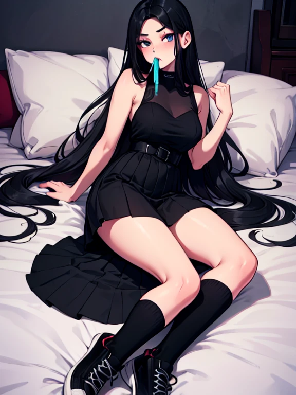 masterpiece、highest quality、High resolution、1 girl、Her Room、(alone)、(Beautiful long black hair)、Bright red eyes、blush、slender、Thin legs、Thin thighs、yor_briar_spyxfamily、White hair band、Jet Black Hair、Black Dress