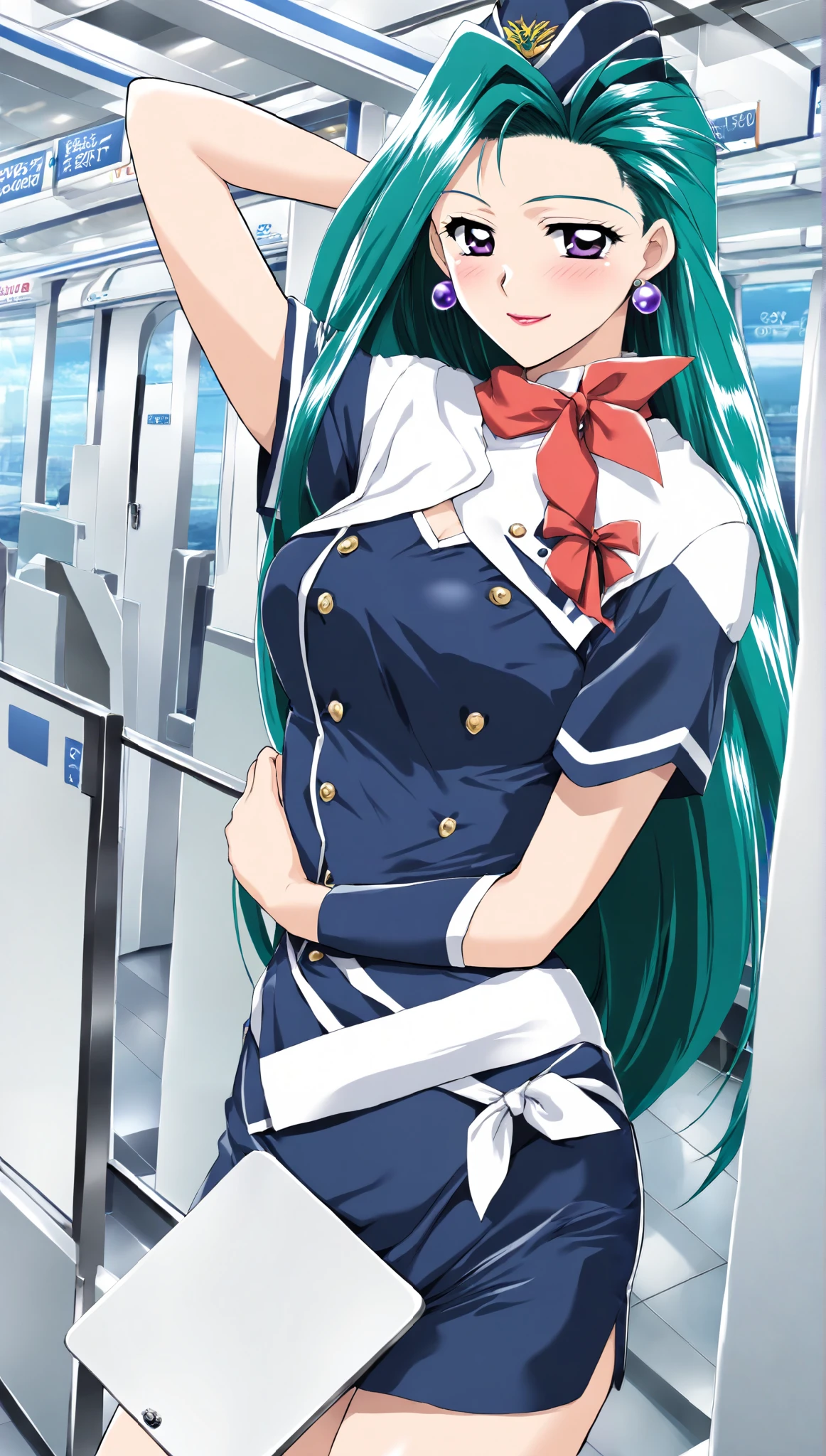 mitsuki_Shizuka, Alone, green hair, long hair, purple earrings, purple eyes, lipstick, gem, small breasts, (flight attendant), ( sexy pose), (blush:1.2), (bright smile:1.1), (Boarding gate ), (airport), score_9, score_8_superior, score_7_superior, source_anime, (best quality:1.2), 細部までこだわったanime, high quality , full color, 8k, high resolution