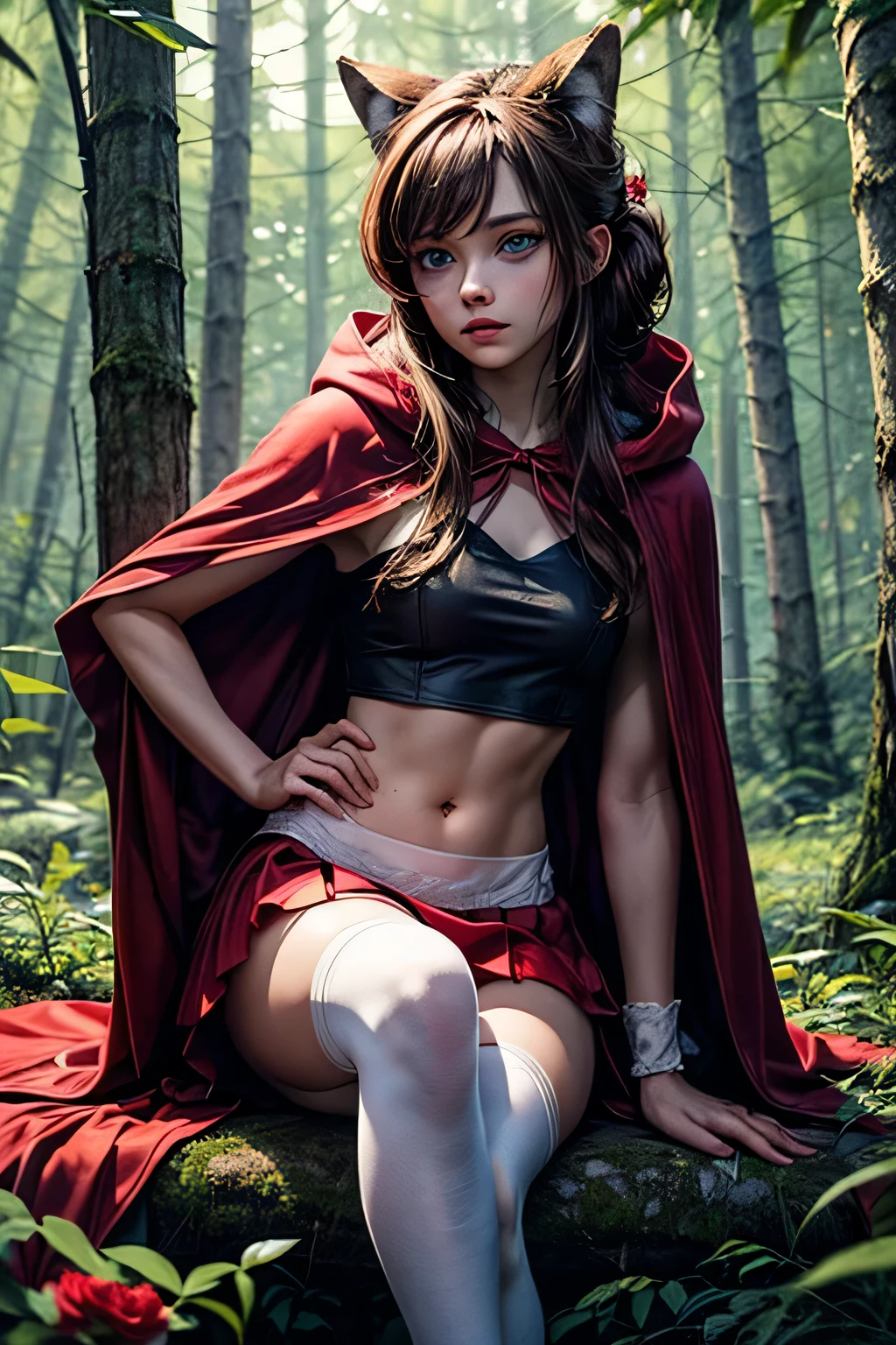 A wolf woman,Swallowed Little Red Riding Hood,Stretch your belly,bent down,Hold your stomach with one hand,Touch your buttocks with one hand