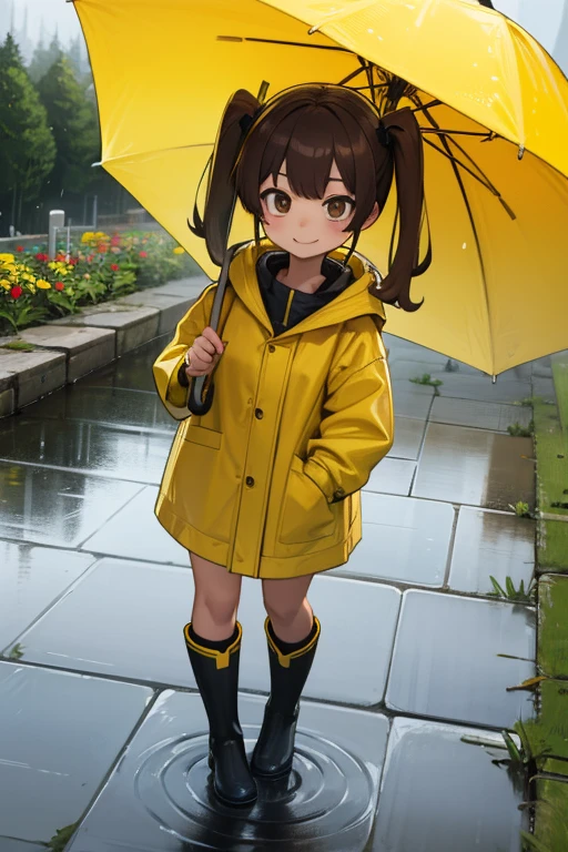 quality\(8k,extremely detailed CG unit wallpaper, masterpiece,High resolution,top-quality,top-quality real texture skin,Surreal,Increase the resolution,RAW Photos,highest quality,Very detailed,wallpaper\),break、One Girl、５talent、、Innocent and cute face、smile、Brown Hair、Pigtails、Wet day、Yellow Raincoat、Put on the hood of your raincoat、Yellow Boots、Wet girl playing with an umbrella、get exited、Splash the water in the puddle with boots、garden、puddle、