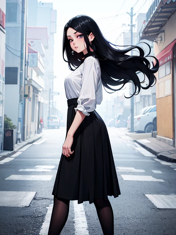 1girl, long black hair, bangs, brown eyes, wearing plain black shirt, smiling, jeans, city, high res, ultrasharp, 8K, masterpiece, looking at viewer