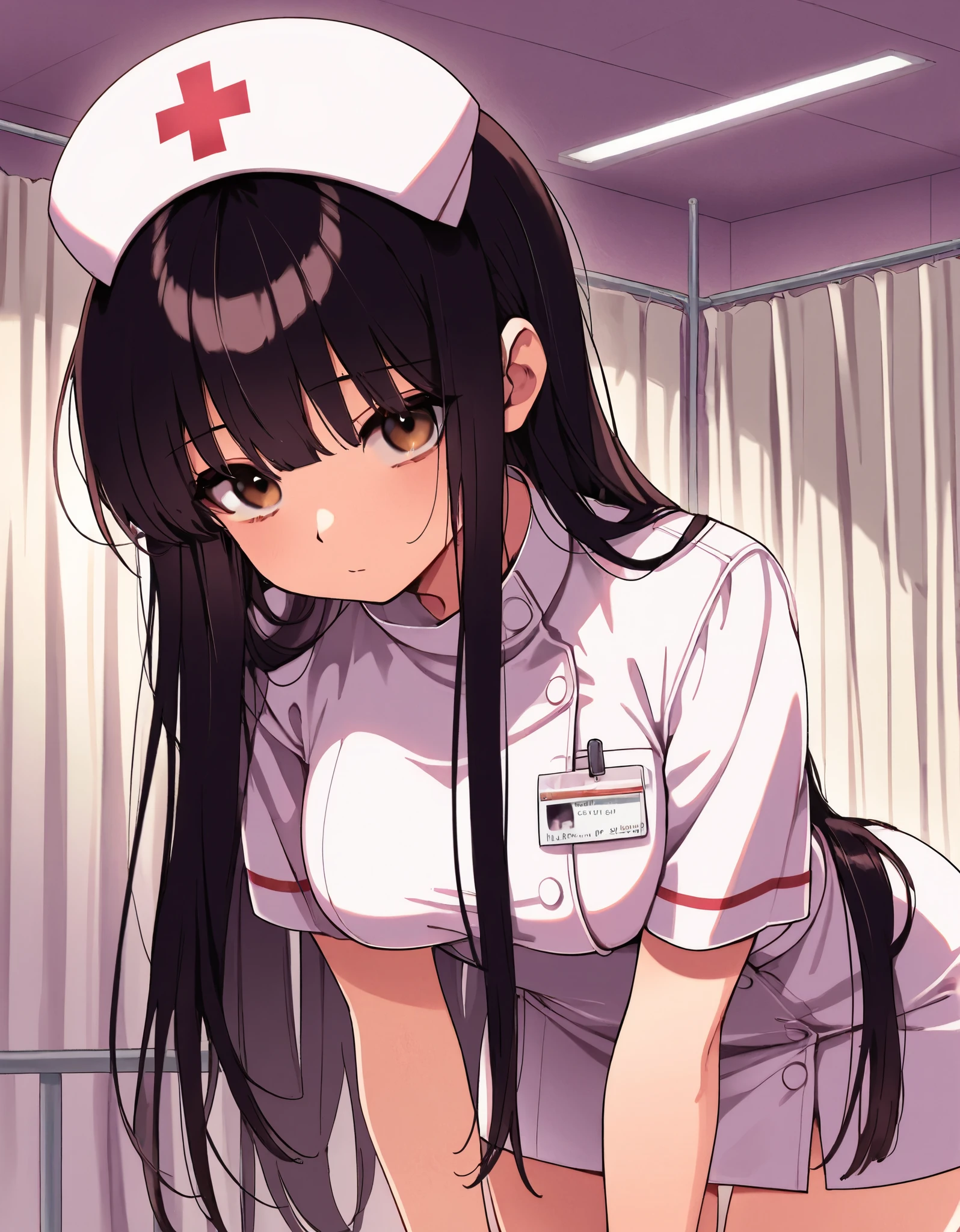 1 girls, long black hair, (green eyes:1.5), long hair, solo, nurse, ((white nurse cap, white nurse's outfit))), ((white legwear, zettai ryouiki)), white gloves, doggy style pose, bedroom, sharp outline, short sleeves, camera angle from behind, full body, best quality, masterpiece