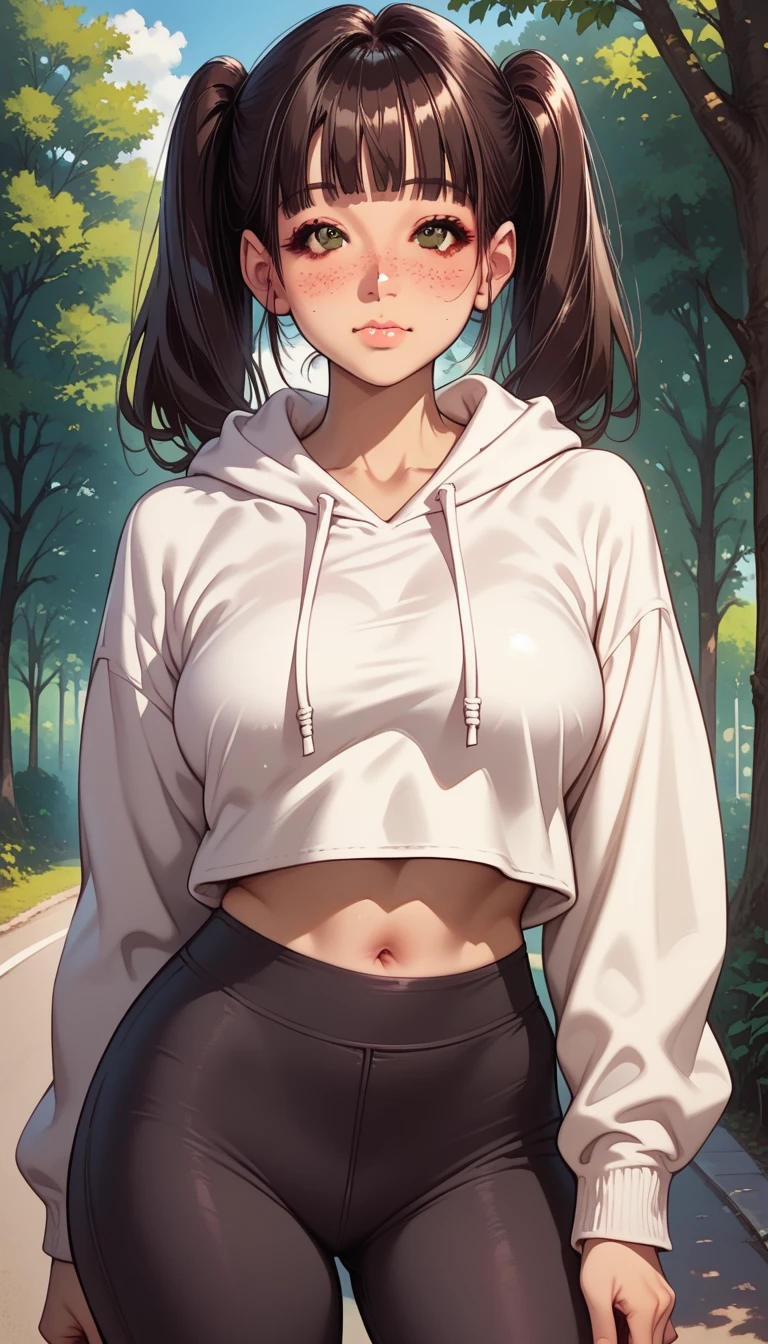 (elf girl), master piece, blushing, freckles, wide hips, slim waist, thick thighs, masterpiece, best quality, sfw, mature 36 year old woman, brown hair, moist face, wavy hair, mouth open, shiny. lips, beutiful round eyes, cropped hoodie, thin panties, black hoodie, black panties