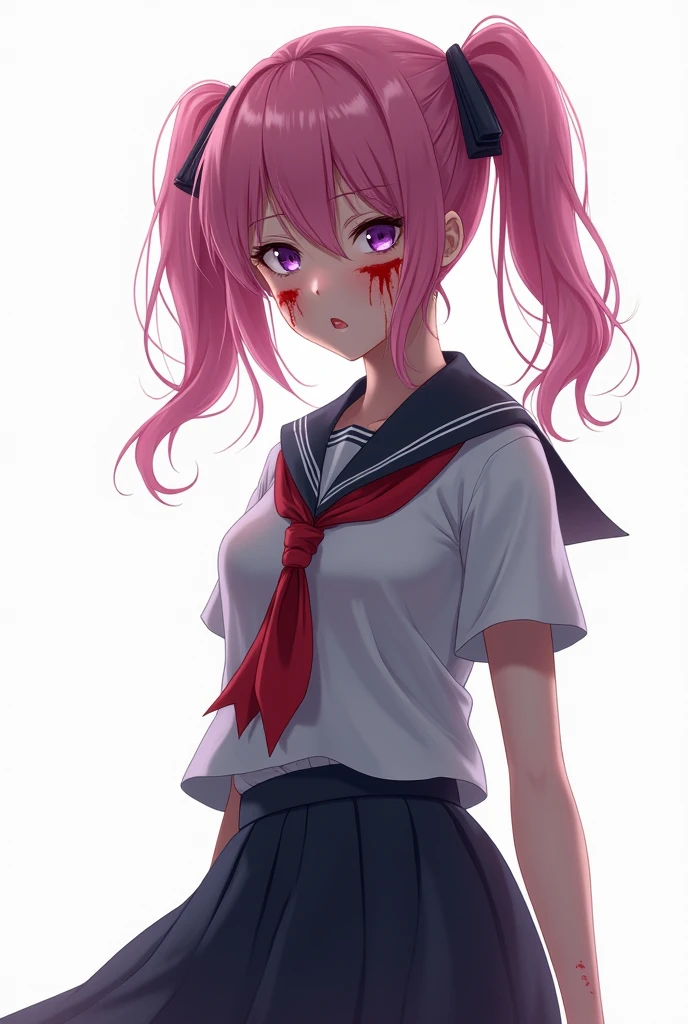masterpiece, best quality, looking at viewer, facing viewer, bare legs, 1girl, solo, upper body, bow, serafuku, disgusted face, night time, raining, outdoors, city, crop top, navel, wet clothes, overly long sleeves, hands in sleeves, blood tears, blood marks, dark alleyway, blood splattered on the ground