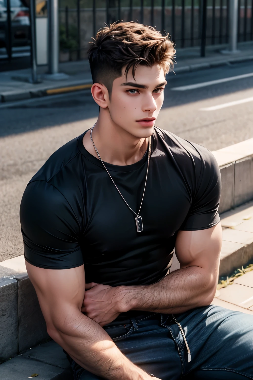 young guy, 20 years, dark hair, athletic build, grey eyes, mysterious, serious face, full length
