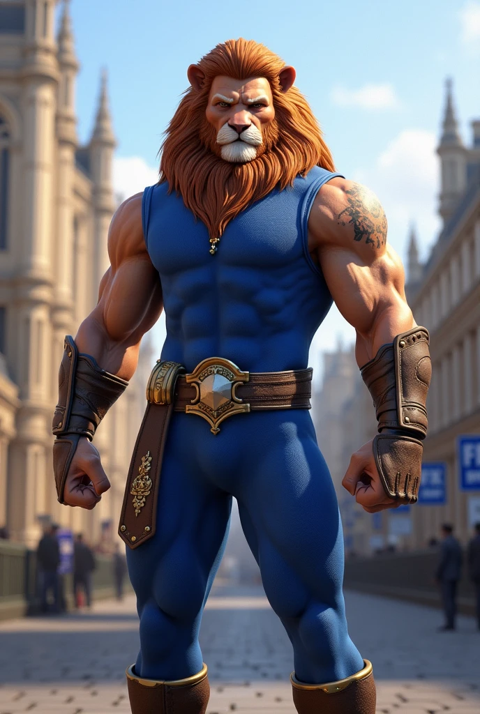 Lion, male, long and blond mane, blond beard, green eyes, very big and round fat belly, obese, chest harness, tight and fitting jockstrap, sexy gaze, alone, standing, garden terrace, high-quality 4k resolution, ultra-detailed, realistic:1.37, oil painting, vivid colors, warm color tone, soft and warm lighting