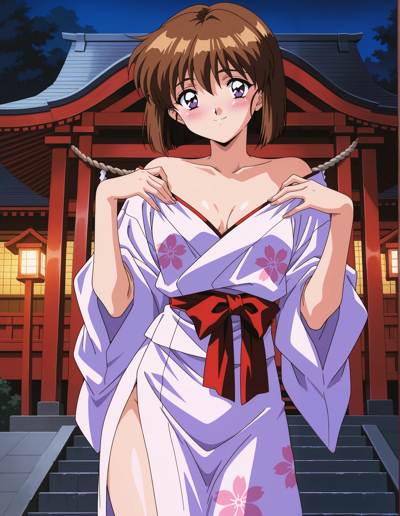 AMATSU _May, Alone, tea hair, short hair, purple eyes, bob cut, bangs, 1990s \(style\),anime coloring, small breasts, cleavage, (blight smile:1.1), sexy kimono, ( sexy pose), (blush:1.1), ( I'm ashamed), first visit of the year to a shrine, shrine, (night), score_9, score_8_superior, score_7_superior, source_anime, (best quality:1.2), masterpiece, high quality , full color, 8k, high resolution, natural makeup, Front Light