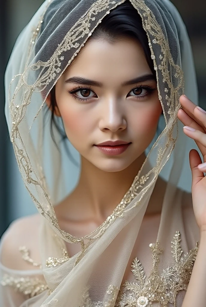 lizzy, silver, cleavage, hijabi, Absurd, ultra-detailed, high quality, masterpiece, detailed face, beautiful eyes(detailed eyes), javanese, gentle and graceful, face exudes warmth and kindness, eyes described as soft and comforting, gentle and steady gaze, overall appearance is simple and modest, The fabric of her garments is usually depicted as soft and earth-toned, beauty lies not in extravagant adornments, Her smile is serene and welcoming
