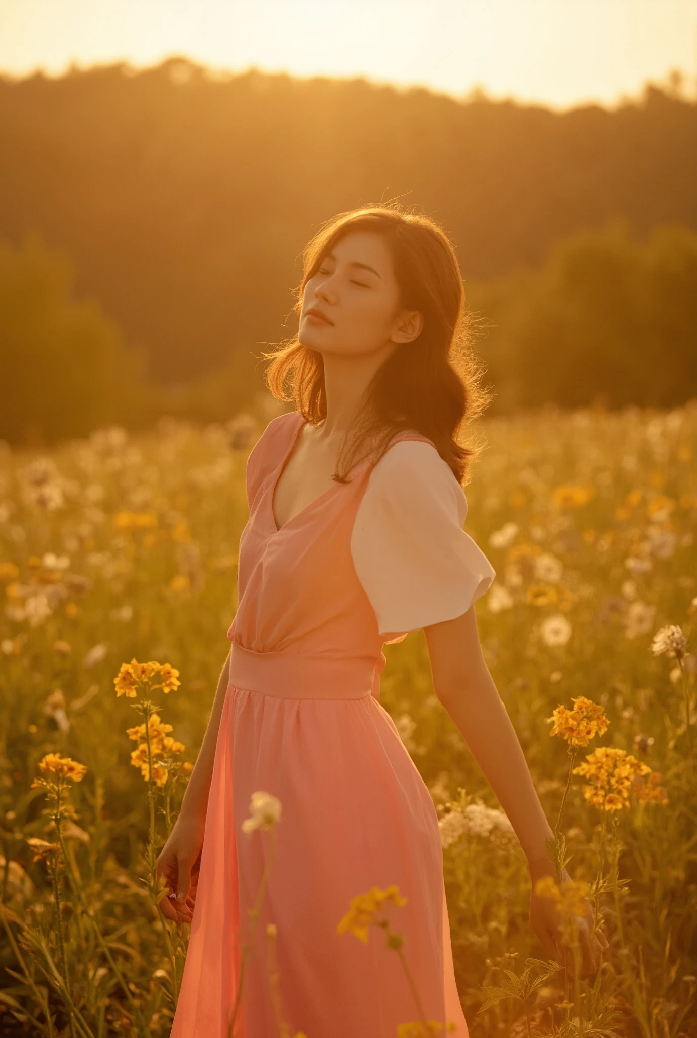 Subjects and mood:
- Female subject, dressed in a flowing dress with bright colors, blending harmoniously into the natural setting.
- Romantic and poetic mood, with elements of nature such as fields of wildflowers or a lush forest.
Light:
- Take advantage of the natural light of sunset to create a warm and golden atmosphere, known as "golden hour".
- Use a reflector to direct the light towards the subject's face and soften unwanted shadows.
Camera and lens:
- Camera: Sony Alpha 7R IV.
- Lens: Sony FE 85mm f/1.4 GM.
Camera settings:
- Aperture: f/1.8 for beautiful bokeh and shallow depth of field.
- Shutter speed: 1/250s to capture sharp details while allowing some natural movement.
- ISO: 200 for a good balance between sensitivity and noise reduction.
Shot:
- Use a wide shot to include both the subject and the surrounding landscape, creating a painterly frame.
- Position the subject slightly off-center to respect the rule of thirds, adding a dynamic aspect to the composition.
- Encourage the subject to interact naturally with the environment, such as touching flowers or looking into the distance, to capture spontaneous and authentic moments.