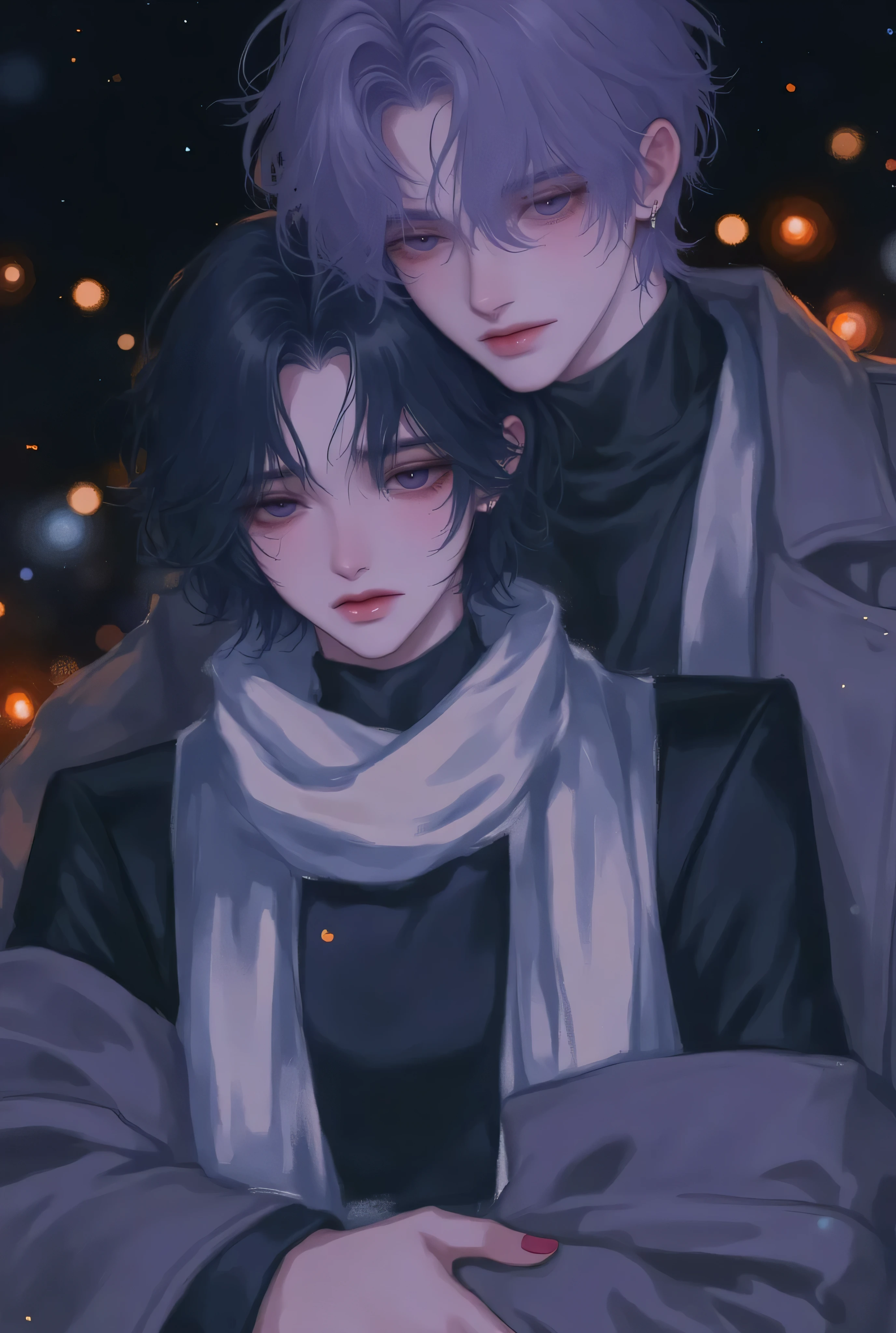 anime couple、 watercolor illustration、 landmine Kpop holiday 、 painful face、目からThe Girl Who Sheds Tears、Crying girlfriend、Young Couple Photos 、night、In a quiet night room、A boyfriend who hugs her from behind to comfort her when she's crying、 back hugging、She cries、With my girlfriend with black short hair、My boyfriend with light purple short hair、 stylish boy model dressed as a cool guy、A beautiful young girl wearing a beautiful scarf、 cute expression 、bisexual 、 cool、Light purple hair color、Short Hair、 arranged hair 、Handsome Hair、Small face、 white skin、Neutral face、Cool guy、 cute face 、 cool sharp eyes 、Light blue eyes、sharp thin eyebrows 、 Tall、 style with 2 hands、 I like cool stuff 、Black school uniform、 wrap a scarf around your neck、Stylish black nails、Age 19、 half Japanese and Korean man 、Fascinating fans、Seduce、 beautiful photo 、masterpiece、 best quality 、 HD、 Fantastic 、 dark background、 beautiful portrait、 menswear makeup 、 Anime Makeup 、 cute girl with piercings 、 has a story like a K-drama 、The Girl Who Sheds Tears、It's okay I'm here 、sad、Girl who can't hold back her tears 、 she is sad enough to cry