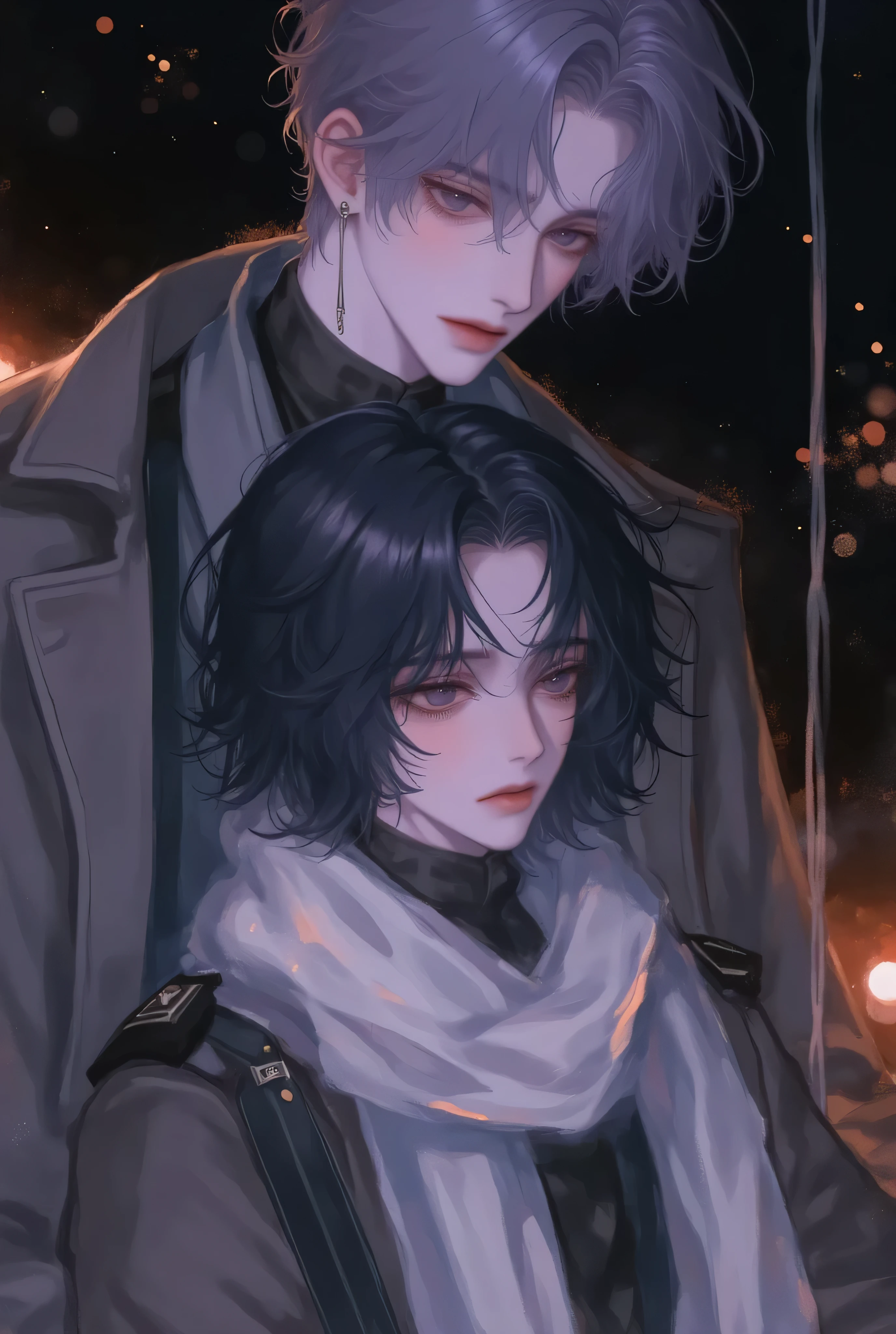 anime couple、 watercolor illustration、 landmine Kpop holiday 、 painful face、目からThe Girl Who Sheds Tears、Crying girlfriend、Young Couple Photos 、night、In a quiet night room、A boyfriend who hugs her from behind to comfort her when she's crying、 back hugging、She cries、With my girlfriend with black short hair、My boyfriend with light purple short hair、 stylish boy model dressed as a cool guy、A beautiful young girl wearing a beautiful scarf、 cute expression 、bisexual 、 cool、Light purple hair color、Short Hair、 arranged hair 、Handsome Hair、Small face、 white skin、Neutral face、Cool guy、 cute face 、 cool sharp eyes 、Light blue eyes、sharp thin eyebrows 、 Tall、 style with 2 hands、 I like cool stuff 、Black school uniform、 wrap a scarf around your neck、Stylish black nails、Age 19、 half Japanese and Korean man 、Fascinating fans、Seduce、 beautiful photo 、masterpiece、 best quality 、 HD、 Fantastic 、 dark background、 beautiful portrait、 menswear makeup 、 Anime Makeup 、 cute girl with piercings 、 has a story like a K-drama 、The Girl Who Sheds Tears、It's okay I'm here 、sad、Girl who can't hold back her tears 、 she is sad enough to cry