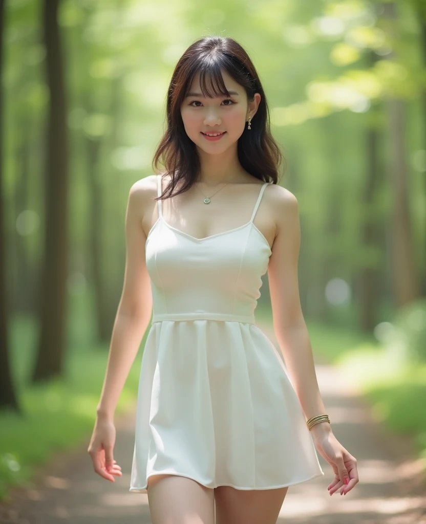 ulzzang-6500-v1.1, (RAW photo:1.2), (Photoreal), beautiful detailed girl, (See-through:1.3), (genuine: 1.4), very detailed目と顔, beautiful and fine eyes, ((Neat and clean dress、walk in the park))、game_ticker, skirt and thighs、huge file size, High resolution, very detailed, highest quality, [masterpiece:1.6], enlightenment, very detailed, nffsw, finely, highest quality, 8k wallpaper, movie lighting, 1 girl, 17 years old, perfect body shape, Cute droopy eyes、beautiful big eyes、((muste piece)), highest quality, 1 girl, eye shadow,  portrait, ((full body shot:1.4))、(very affectionate smile:1.2)、realistic skin texture、shiny skin、looked back、exposed thighs!!!