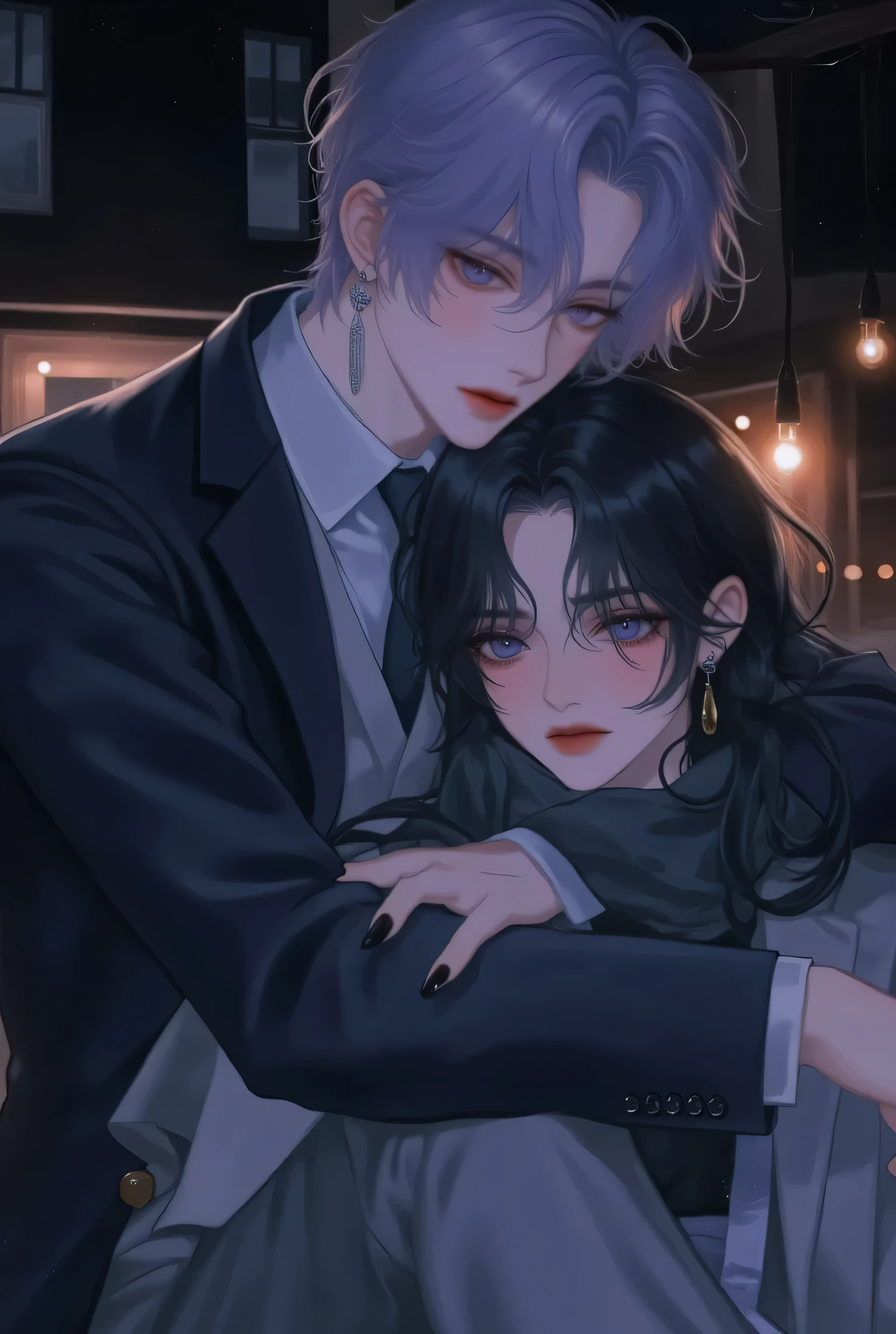 anime couple、 landmine Kpop holiday 、 painful face、目からThe Girl Who Sheds Tears、Crying girlfriend、Young Couple Photos 、night、In a quiet night room、A boyfriend who hugs her from behind to comfort her when she's crying、 back hugging、She cries、With my girlfriend who has long black hair、My boyfriend with light purple short hair、 stylish boy model dressed as a cool guy、A beautiful young girl wearing a beautiful scarf、 cute expression 、bisexual 、 cool、Light purple hair color、Short Hair、 arranged hair 、Handsome Hair、Small face、 white skin、Neutral face、Cool guy、 cute face 、 cool sharp eyes 、Light blue eyes、sharp thin eyebrows 、 Tall、 style with 2 hands、 I like cool stuff 、Black school uniform、 wrap a scarf around your neck、Stylish black nails、Age 19、 half Japanese and Korean man 、Fascinating fans、Seduce、 beautiful photo 、masterpiece、 best quality 、 HD、 Fantastic 、 dark background、 beautiful portrait、 menswear makeup 、 Anime Makeup 、 cute girl with piercings 、 has a story like a K-drama 、The Girl Who Sheds Tears、It's okay I'm here 、sad、Girl who can't hold back her tears 、 she is sad enough to cry