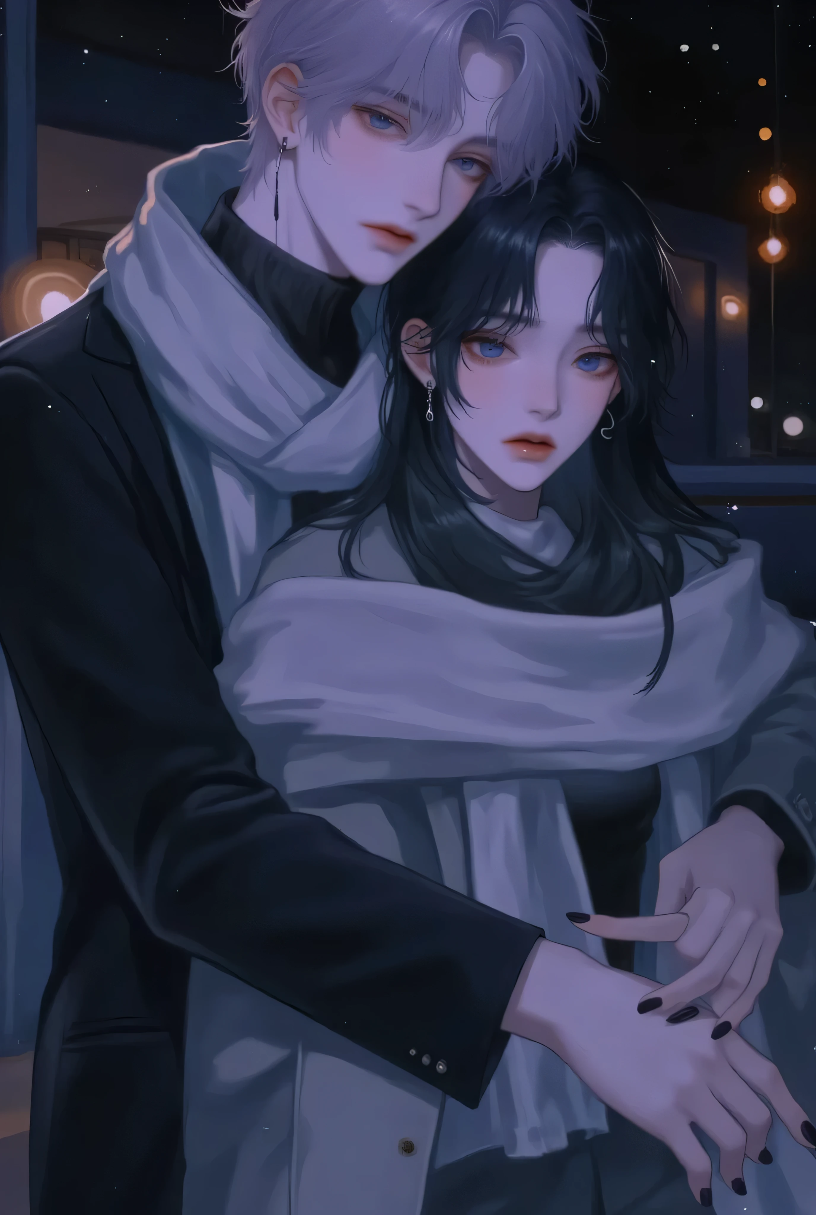anime couple、 landmine Kpop holiday 、 painful face、目からThe Girl Who Sheds Tears、Crying girlfriend、Young Couple Photos 、night、In a quiet night room、A boyfriend who hugs her from behind to comfort her when she's crying、 back hugging、She cries、With my girlfriend who has long black hair、My boyfriend with light purple short hair、 stylish boy model dressed as a cool guy、A beautiful young girl wearing a beautiful scarf、 cute expression 、bisexual 、 cool、Light purple hair color、Short Hair、 arranged hair 、Handsome Hair、Small face、 white skin、Neutral face、Cool guy、 cute face 、 cool sharp eyes 、Light blue eyes、sharp thin eyebrows 、 Tall、 style with 2 hands、 I like cool stuff 、Black school uniform、 wrap a scarf around your neck、Stylish black nails、Age 19、 half Japanese and Korean man 、Fascinating fans、Seduce、 beautiful photo 、masterpiece、 best quality 、 HD、 Fantastic 、 dark background、 beautiful portrait、 menswear makeup 、 Anime Makeup 、 cute girl with piercings 、 has a story like a K-drama 、The Girl Who Sheds Tears、It's okay I'm here 、sad、Girl who can't hold back her tears 、 she is sad enough to cry