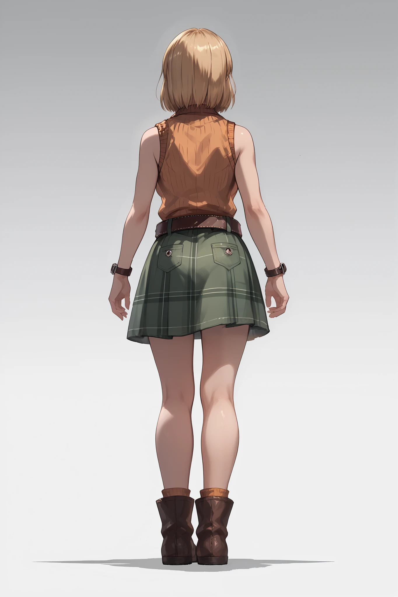 Anime concept art, dark fantasy, Ashley graham, Ashley Graham from resident evil 4, cute, Ashley's sexy outfit, thin waist, medium breasts, sleeveless, skirt, loose belt, lovely pose, back view, full body view, fullbody overview, resident evil 4 concept art