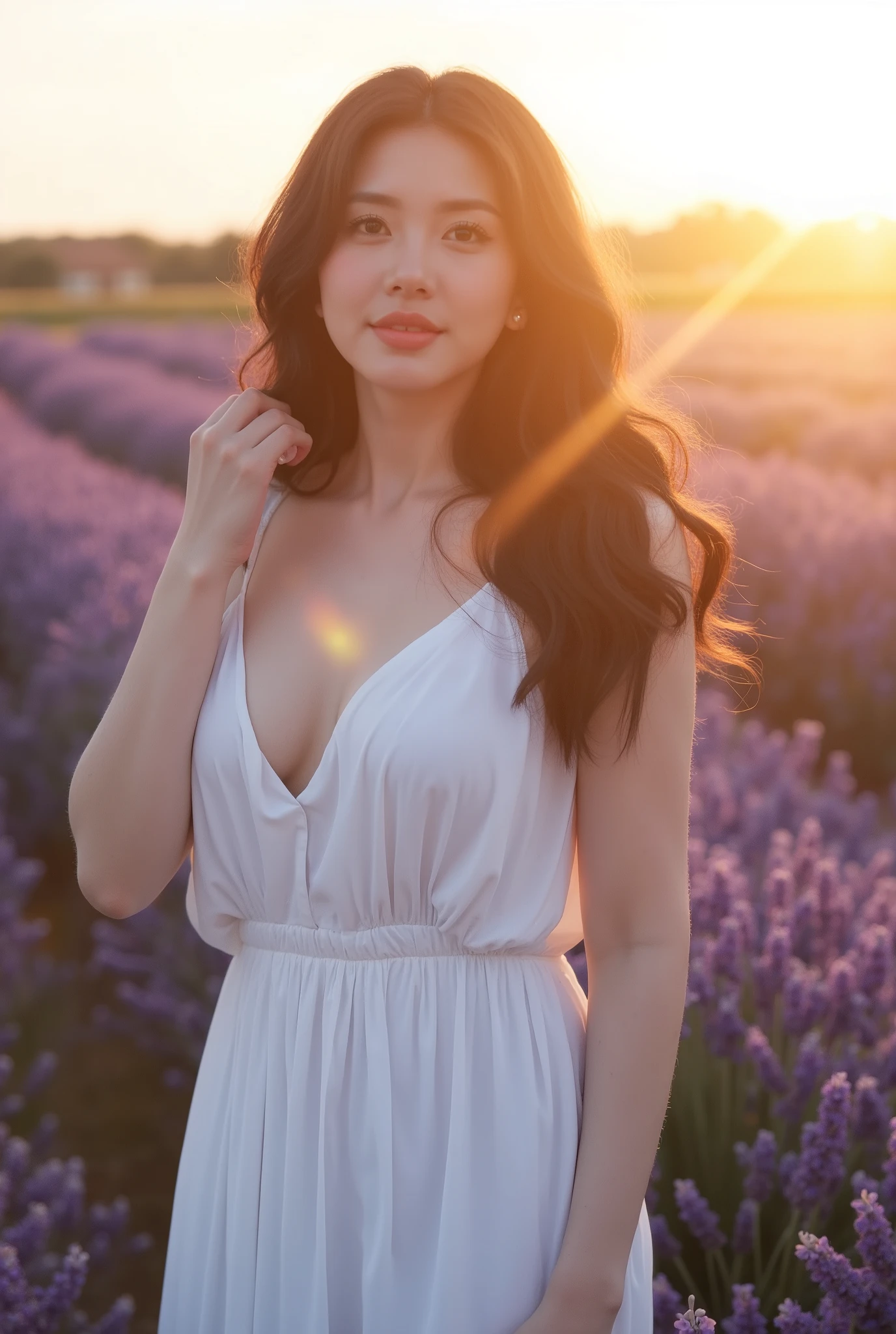 An artistic photograph of an elegant woman taken outdoors. She stands in a lavender field at sunset, surrounded by purple flowers and bathed in soft golden light. The atmosphere is peaceful and romantic. The woman is wearing a flowing white dress that contrasts beautifully with the lavender.
Shot with a full-frame DSLR camera (e.g., Canon EOS R5) using a fixed 85mm f/1.2 lens for a soft background blur and delicate bokeh. The scene uses shallow depth of field to isolate the subject and capture the subtle details of her expression. Natural light is enhanced with a golden reflector to emphasize the warmth on her face. The framing is a medium shot, focusing on her upper body and the floral surroundings.