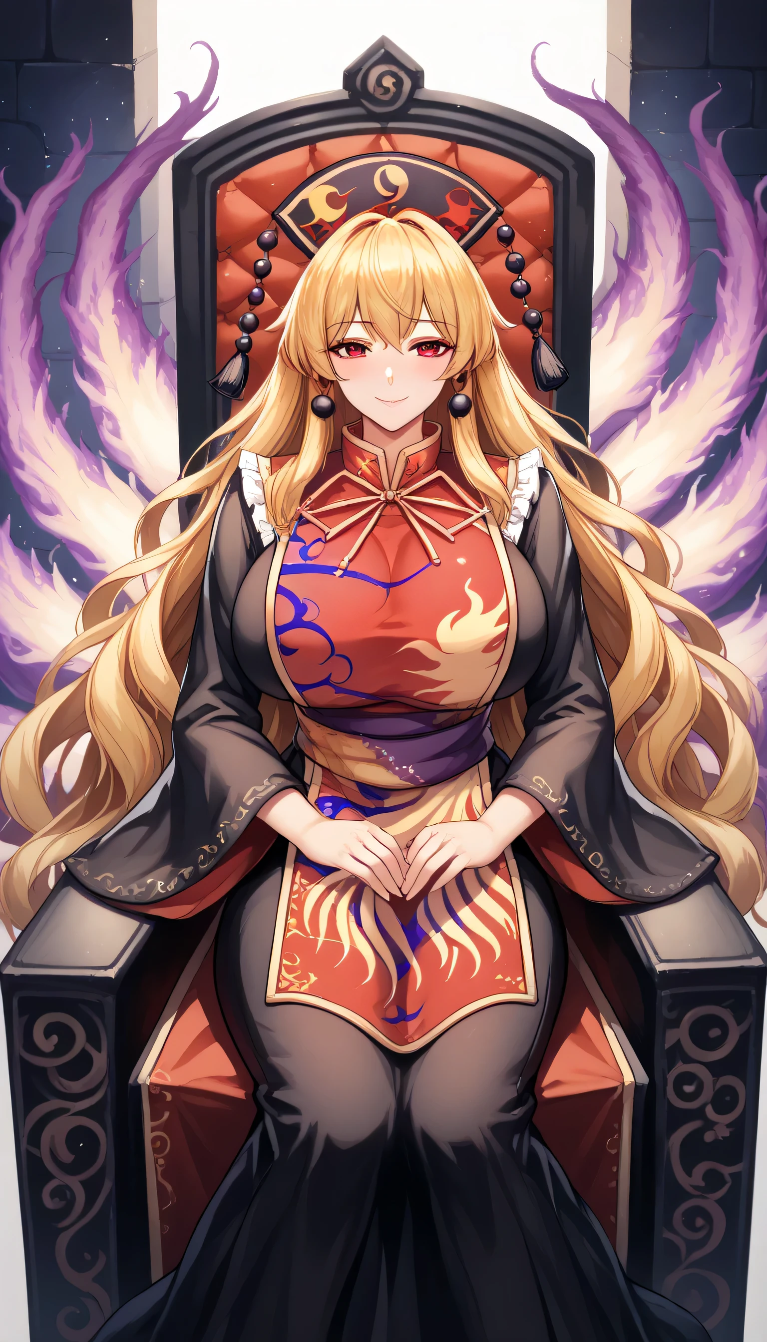 1girls, solo, female_focus, , sitting, , throne, , , looking_at_viewer, eye_of_horus, , , ,, smile, chain, closed_mouth, , , traditional_media, ,head_rest,JUNKO \(TOUHOU\), BLONDE HAIR, RED EYES,SPECTRAL TAILS Multiple tails” or “purple flames,milf,Older woman,PHOENIX CROWN,long hair,dress,tabard, blush, long_sleeves,chinese_clothes, black_dress,pom_pom_(clothes), With clothes, long black skirt,huge breast,Touhou Lost Word Style