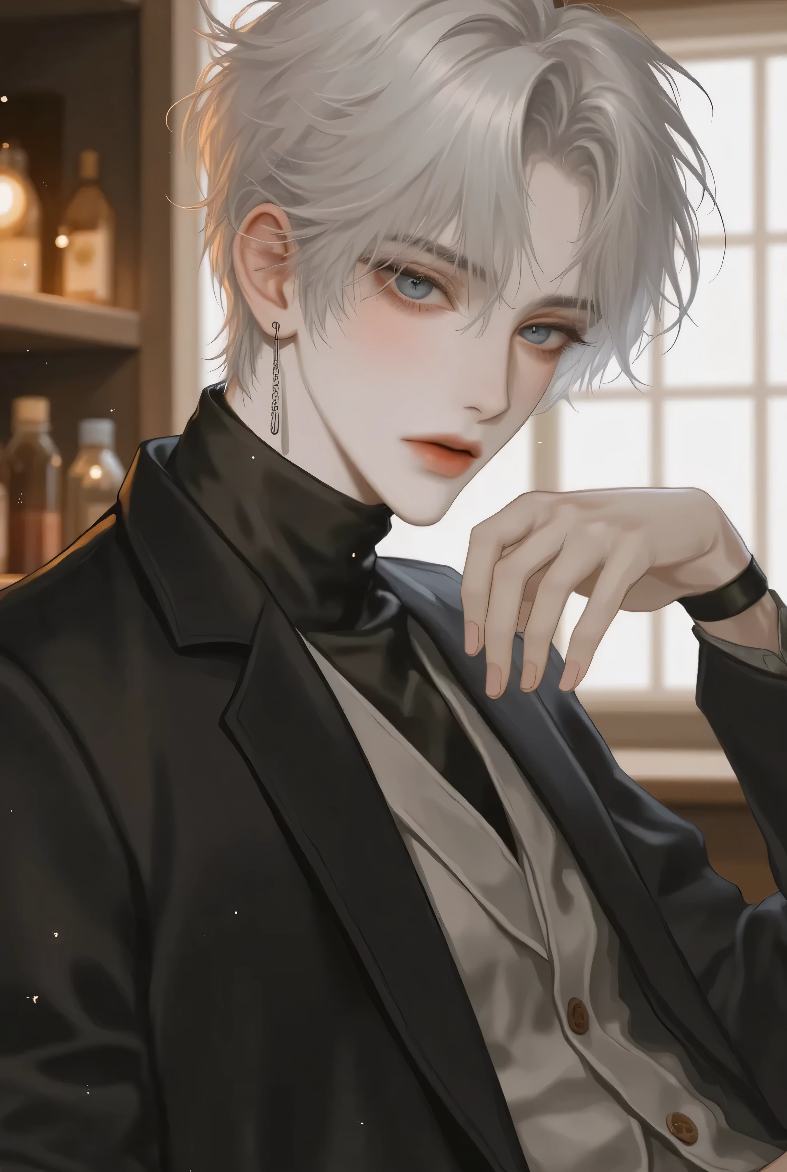 anime boy, absurdres, highres, ultra detailed, HDR, master piece, best quality, extremely detailed face, delicated features, Jaehwan , White hair, short hair, no fringe, without bangs, handsome hair, cool blue eyes, The World After The Fall, Alone, Sensual, Young face, black Korean School uniform fashion style, cold, Transparent, black, Boyfriend, Pierce, earring, cute boy, Draw a large background, From the side, anime, KPOP model, Cafe background, Draw a large background, sitting in the corner of a cafe, 4K, High image quality, Drink coffee
