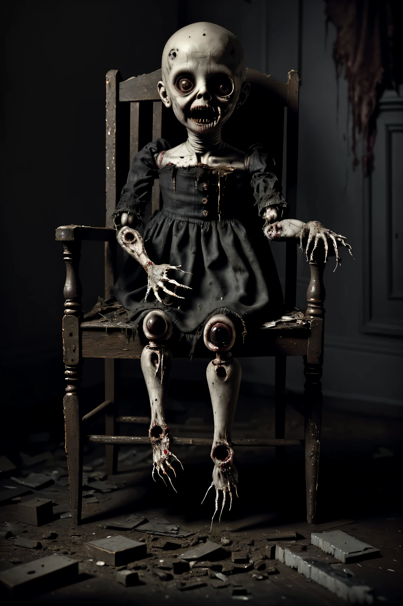 Dilapidated Bedroom. Walls crumbling. Toys. One giant creepy, morbid, disgusting, macabre doll sitting in a chair. Black patches of hair. Torn, dirty fabric, coming apart at the seams. Bare thread seen. Terrified stuffed animals look at the creepy doll with fear. Startling scene. Horrific evil doll with devil eyes. Devilish smile. Demonic, creepy, evil looking, menacing doll. Iconic images. Photo-realistic,ultra-detailed,realism,portrait photography,cinematic portrait,cinematic photography, UHDR, full focus, highest quality, cinematic lighting, attention to detail,optical illusions, unique, iconic, cinematography, best quality, masterpiece.