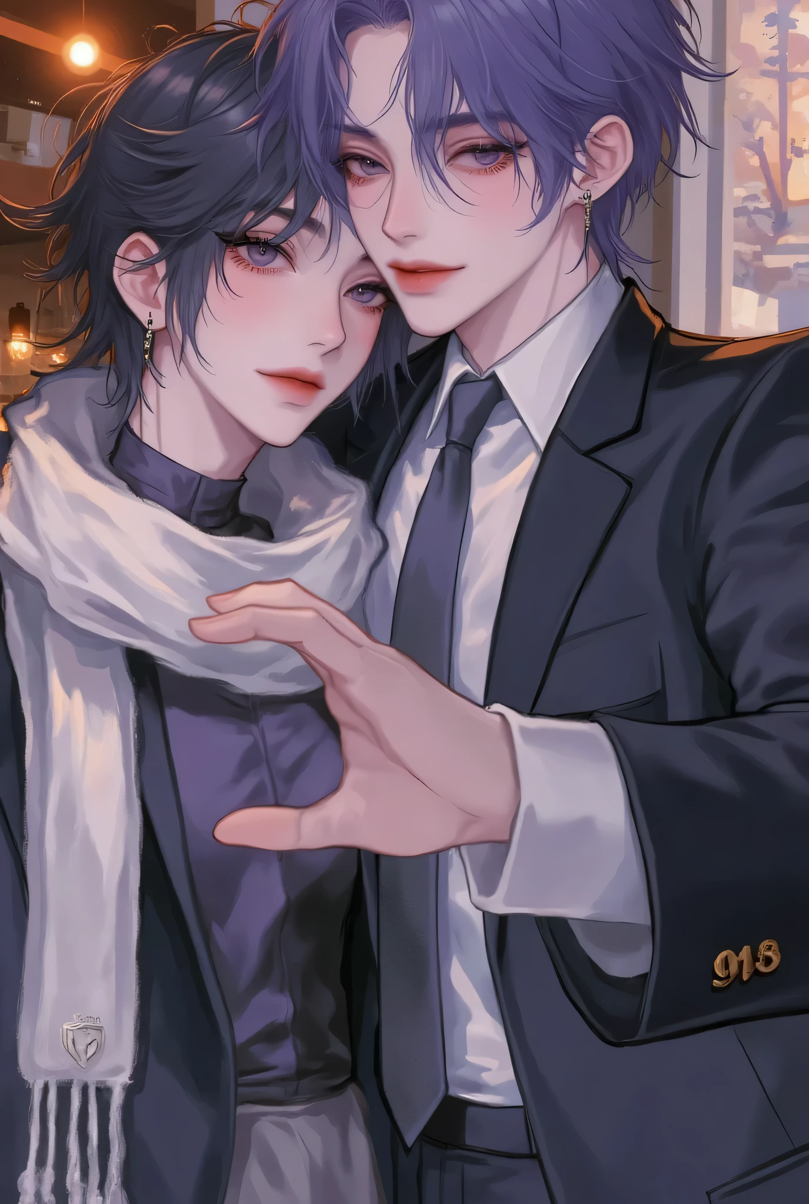 anime couple、 anime illustration、 landmine Kpop holiday 、Couple selfie 、 happy face、Young Couple Photos 、noon、By the wall of a coffee shop 、With my girlfriend with black short hair、My boyfriend with light purple short hair、Couple taking selfies、 stylish boy model dressed as a cool guy、 one beautiful young girl wearing a beautiful scarf wrapped in a man's dress、 cute expression 、bisexual 、 cool、Light purple hair color、Short Hair、 arranged hair 、Handsome Hair、Small face、 white skin、Neutral face、Cool guy、 cute face 、 cool sharp eyes 、Light blue eyes、sharp thin eyebrows 、 Tall、 style with 2 hands、 I like cool stuff 、Black school uniform、 wrap a scarf around your neck、Age 19、 half Japanese and Korean man 、Fascinating fans、Seduce、 beautiful photo 、masterpiece、 best quality 、 HD、 Fantastic 、 the background is bright 、Photographed from diagonally above、 beautiful portrait、 menswear makeup 、 Anime Makeup 、 cute girl with piercings 、 has a story like a K-drama 、Let's make happy memories together