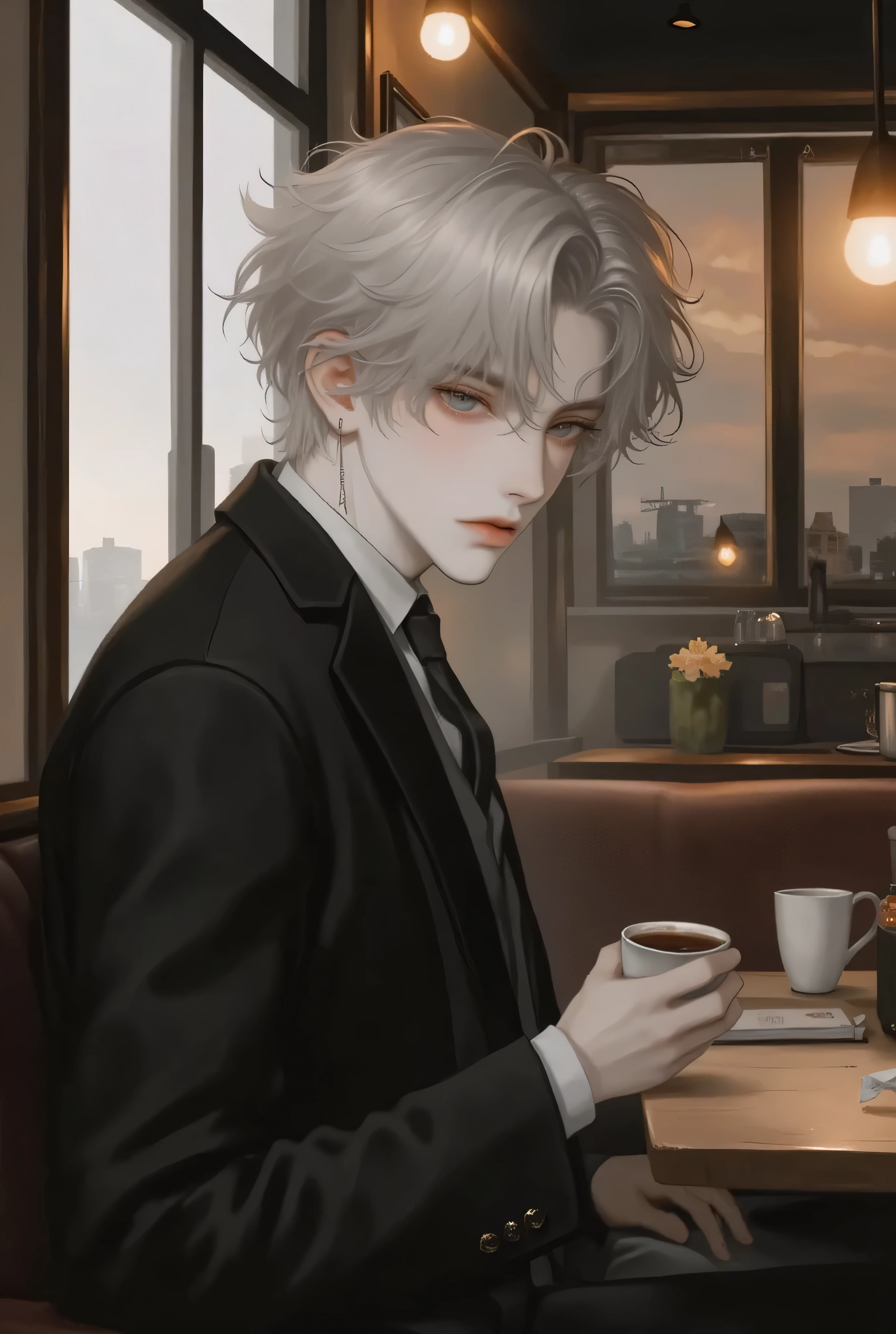 absurdres, highres, ultra detailed, HDR, master piece, best quality, extremely detailed face, delicated features, Jaehwan , White hair, short hair, no fringe, without bangs, handsome hair, cool blue eyes, The World After The Fall, Alone, Sensual, Young face, black Korean School uniform fashion style, cold, Transparent, black, Boyfriend, Pierce, earring, cute boy, Draw a large background, From the side, anime, KPOP model, Cafe background, Draw a large background, sitting in the corner of a cafe, 4K, High image quality, Drink coffee
