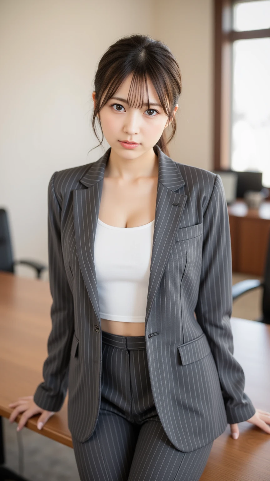 Masterpiece,  best quality ,  1 girl, Alone,  upper body, Some ,  stylish business wear ,  with a gray pinstripe suit 、 fitted jackets are visible in the bright conference room,  wearing a white tank top inside in a bright conference room ,   serious expression, subtle  reflections  on the meeting table,  focusing on the details of the face and suit , slightly turned to the side" ( accentuating details of the face and suit ,  reflections ,  sharp focus).