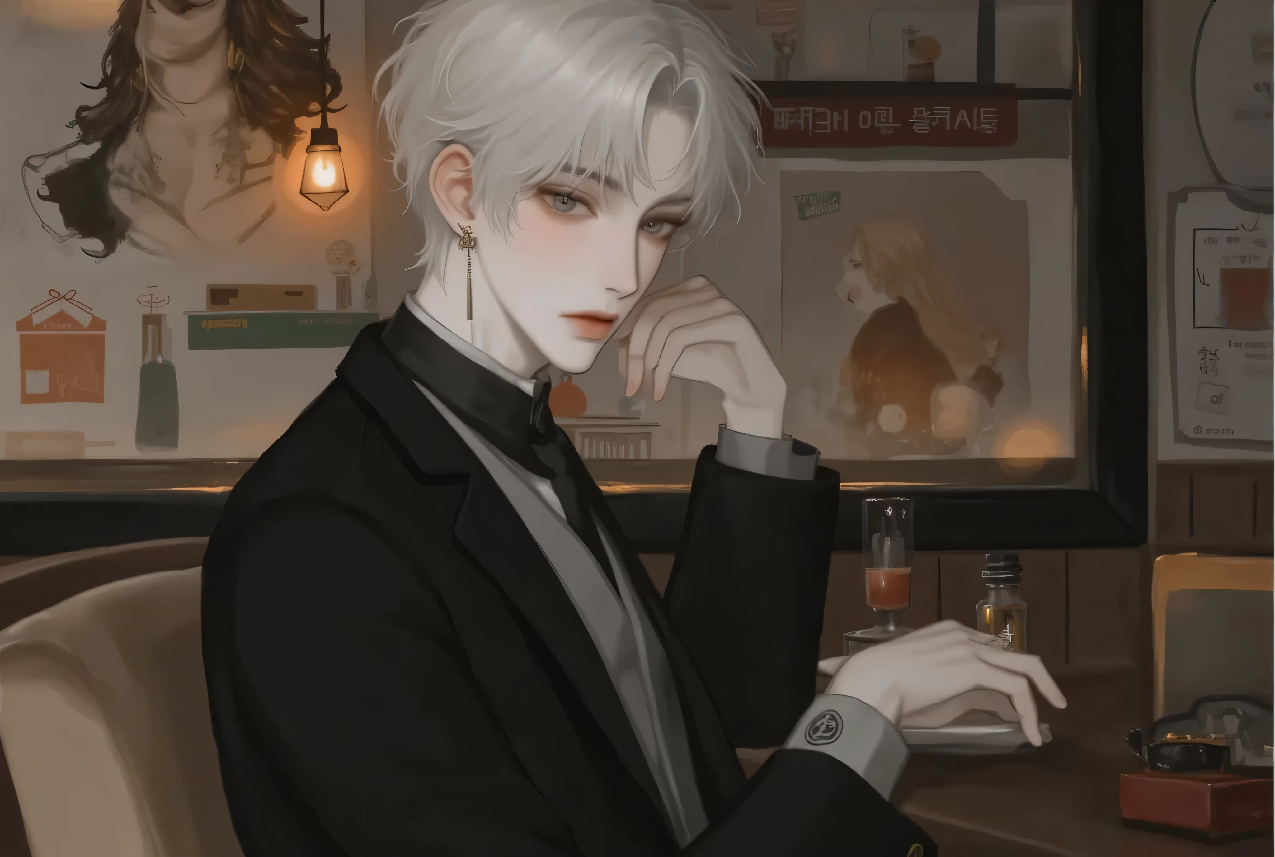 absurdres, highres, ultra detailed, HDR, master piece, best quality, extremely detailed face, delicated features, Jaehwan , White hair, short hair, no fringe, without bangs, handsome hair, cool blue eyes, The World After The Fall, Alone, Sensual, Young face, black Korean School uniform fashion style, cold, Transparent, black, Boyfriend, Pierce, earring, cute boy, Draw a large background, From the side, anime, KPOP model, Cafe background, Draw a large background, sitting in the corner of a cafe, 4K, High image quality, Drink coffee