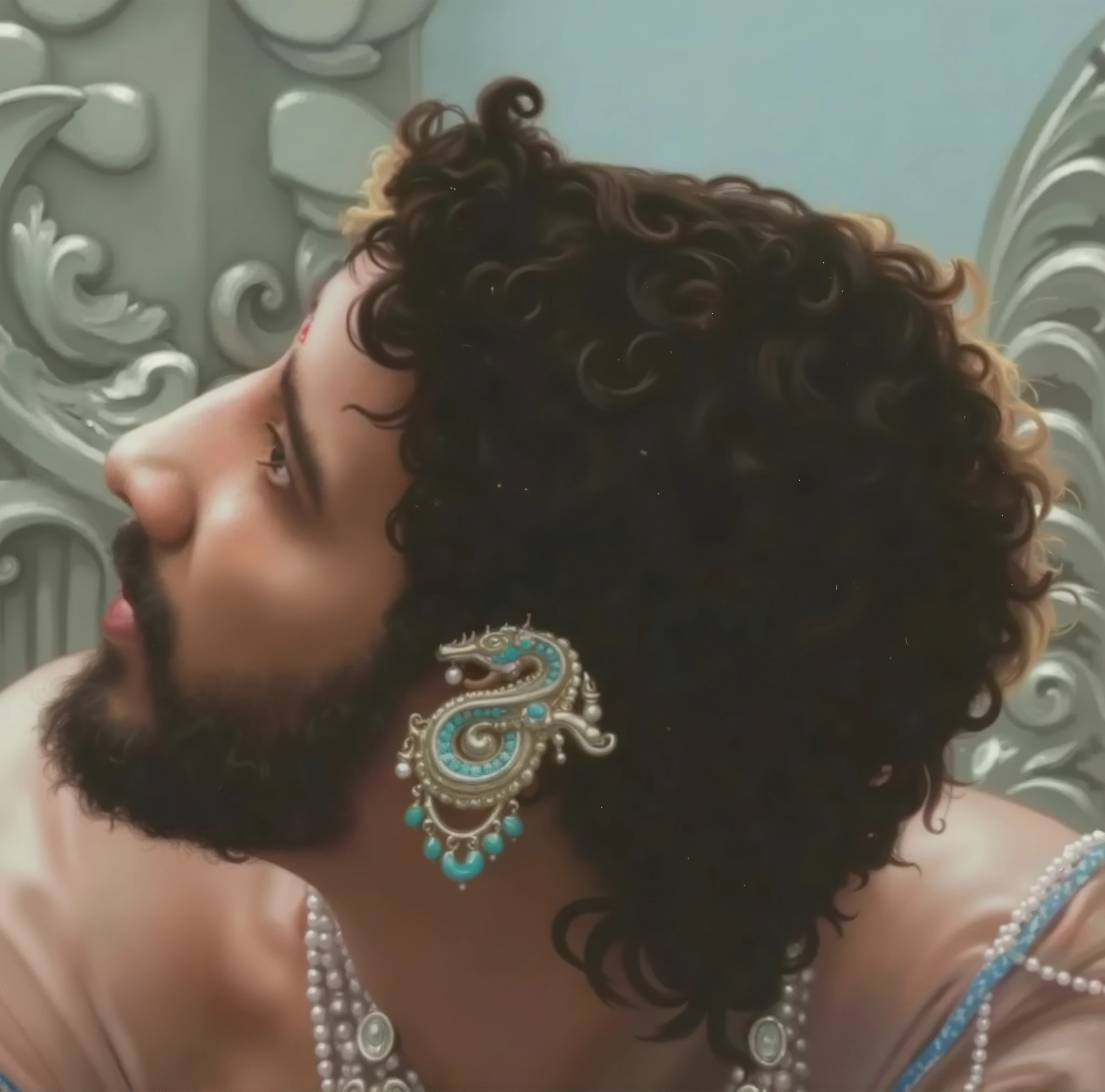 Create a hyper-realistic classical oil painting portrait of a regal South Indian desi male figure with dark skin and soft, curly hair and a well-groomed beard, depicted in profile view. The man is adorned with intricate traditional jewelry, including a statement Thai-dragon-shaped earring embellished with turquoise gemstones and pearls, showcasing fine craftsmanship. His skin is smooth, with a warm, dark tone and subtle highlights. He wears ornate, royal attire featuring pastel tones and detailed embroidery, complemented by a delicate necklace. The background includes intricately carved silver or metallic elements, resembling traditional South Indian architectural motifs, with a soft focus that highlights the opulence and ethereal quality of the setting. The overall mood is serene, elegant, and timeless, blending classical Indian aesthetics with a dreamy, modern artistic touch.