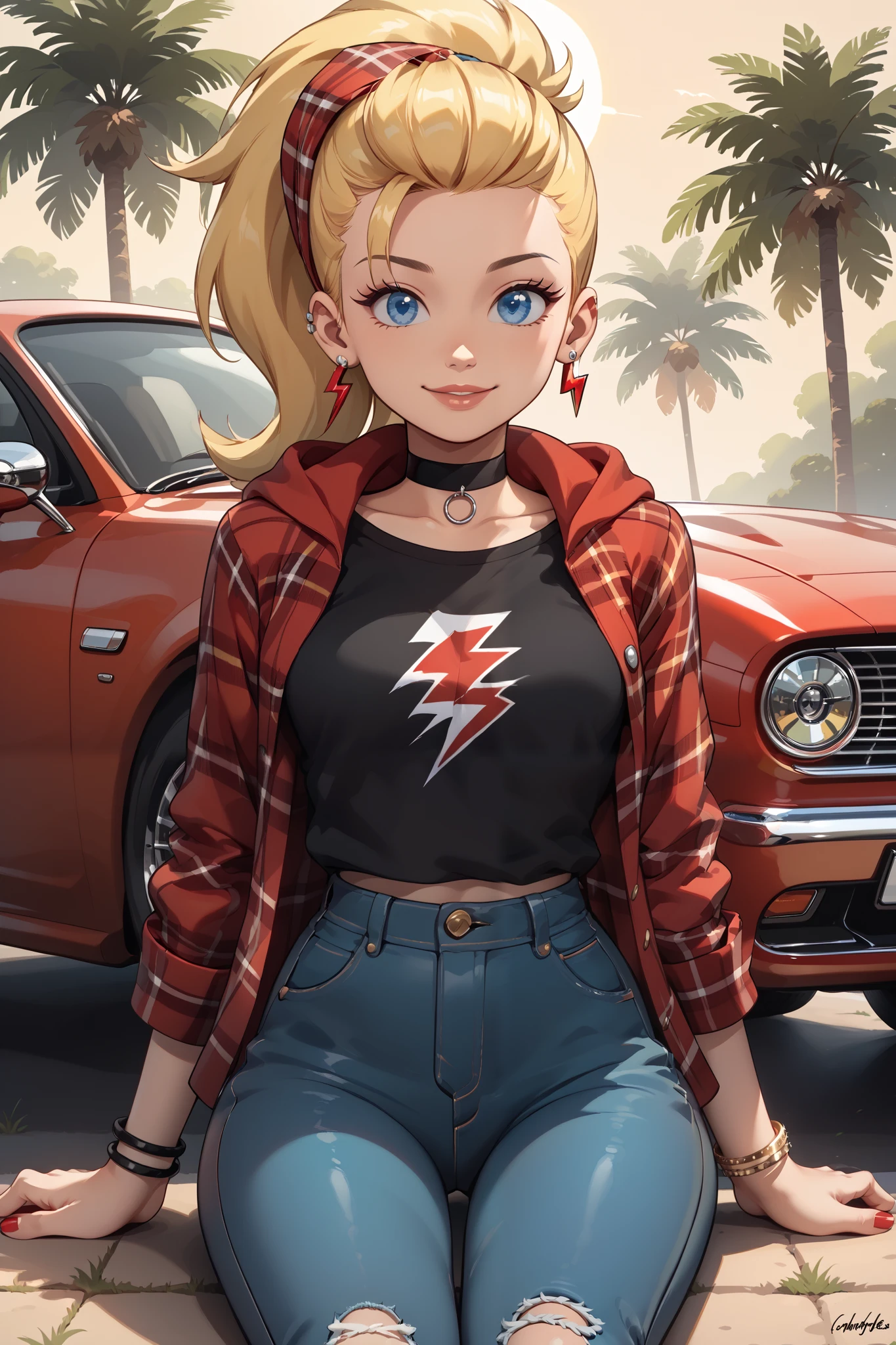 High Resolution, Masterpiece, Best Quality, Super Detailed
Beautiful portrait of Sissy Blakely from Johnny Test, 1 girl, gorgous, cute, full body, close up, big blue eyes, punk blonde hair in a ponytail, red lightning bolt in her hair, earrings, black top with a red lightning bolt, red plaid long sleeve shirt, plain black choker, red plaid handkerchief covering head, ripped baggy jeans, breasts, black and white checkerboard converse sneakers, bracelets, sitting on the hood of a Chevy Camaro car, smile, arms at sides, outdoors, playful, Foreshortening, Backlighting, Drop Shadow, perfect composition score_9 score_8 score_7, interesting motifs, professional