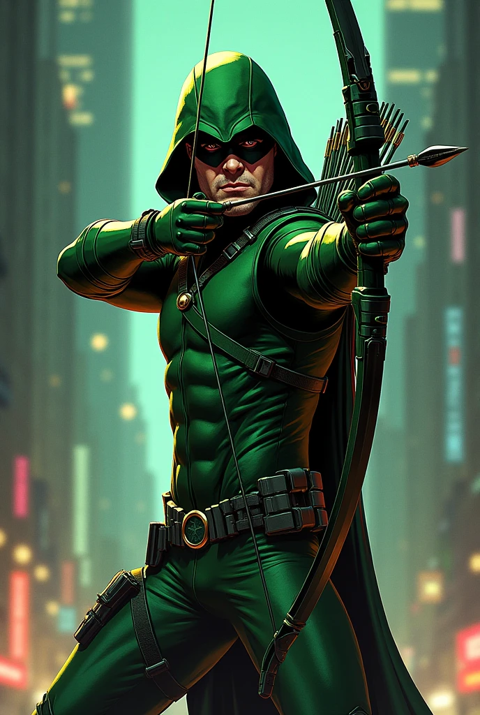 a close up of a man in a green hoodie and leather pants, arrow, green hood, green armor, textless, wearing green battle armor, metallic green armor, wearing green armor and helmet, arrows, hd artwork, with a green cloak, hero, green cloak, green colored skin, robin hood, comic book character, fan art, green body