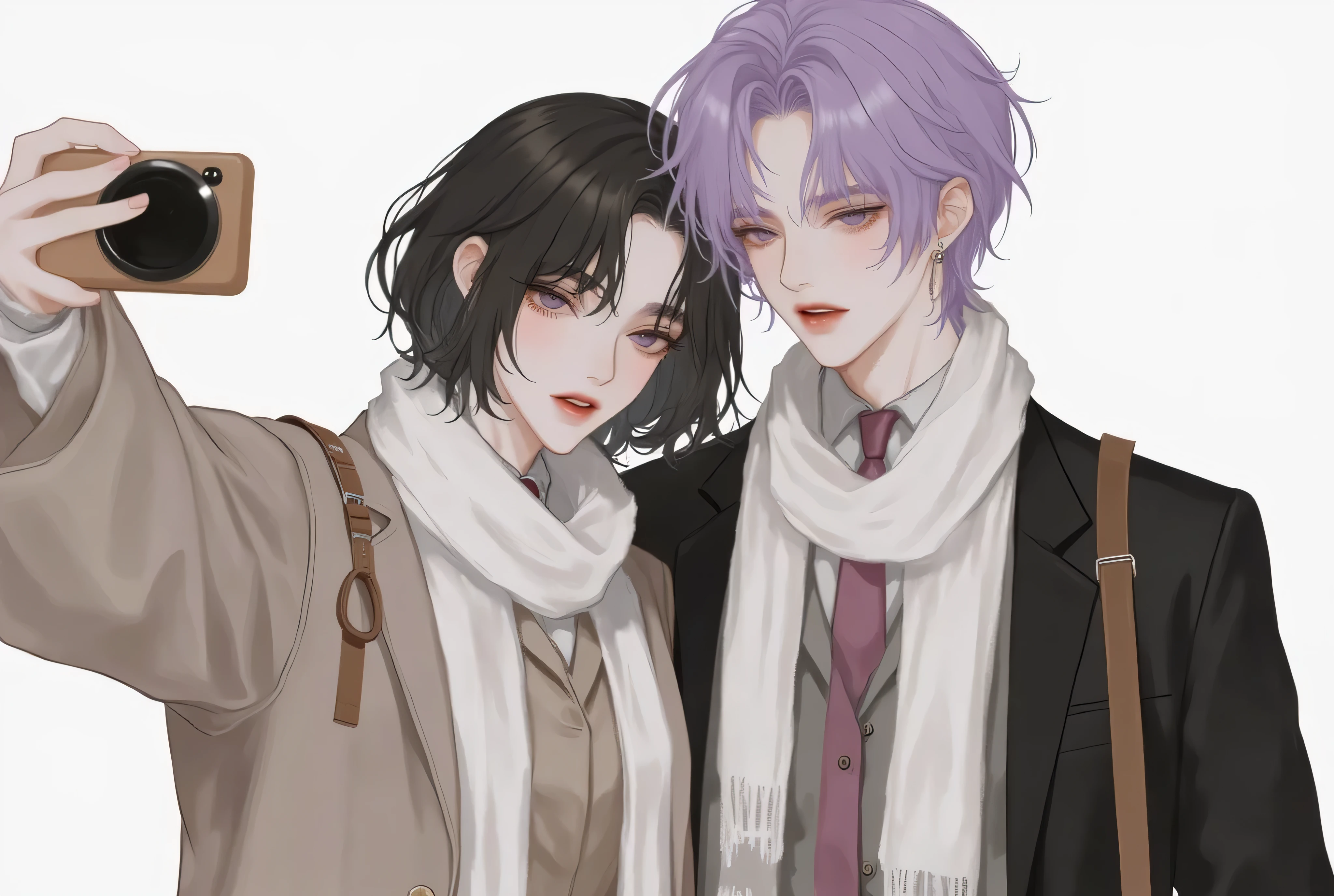 anime couple、 anime illustration、 landmine Kpop holiday 、Couple selfie 、 happy face、Young Couple Photos 、noon、By the wall of a coffee shop 、With my girlfriend with black short hair、My boyfriend with light purple short hair、Couple taking selfies、 stylish boy model dressed as a cool guy、One beautiful, young, pretty girl wrapped in a beautiful scarf、 cute expression 、bisexual 、 cool、Light purple hair color、Short Hair、 arranged hair 、Handsome Hair、Small face、 white skin、Neutral face、Cool guy、 cute face 、 cool sharp eyes 、Light blue eyes、sharp thin eyebrows 、 Tall、 style with 2 hands、 I like cool stuff 、Black school uniform、 wrap a scarf around your neck、Age 19、 half Japanese and Korean man 、Fascinating fans、Seduce、 beautiful photo 、masterpiece、 best quality 、 HD、  Fantastic 、 the background is bright 、Photographed from diagonally above、 beautiful portrait、 menswear makeup 、 Anime Makeup 、 cute girl with piercings 、 has a story like a K-drama 、Let's make happy memories together