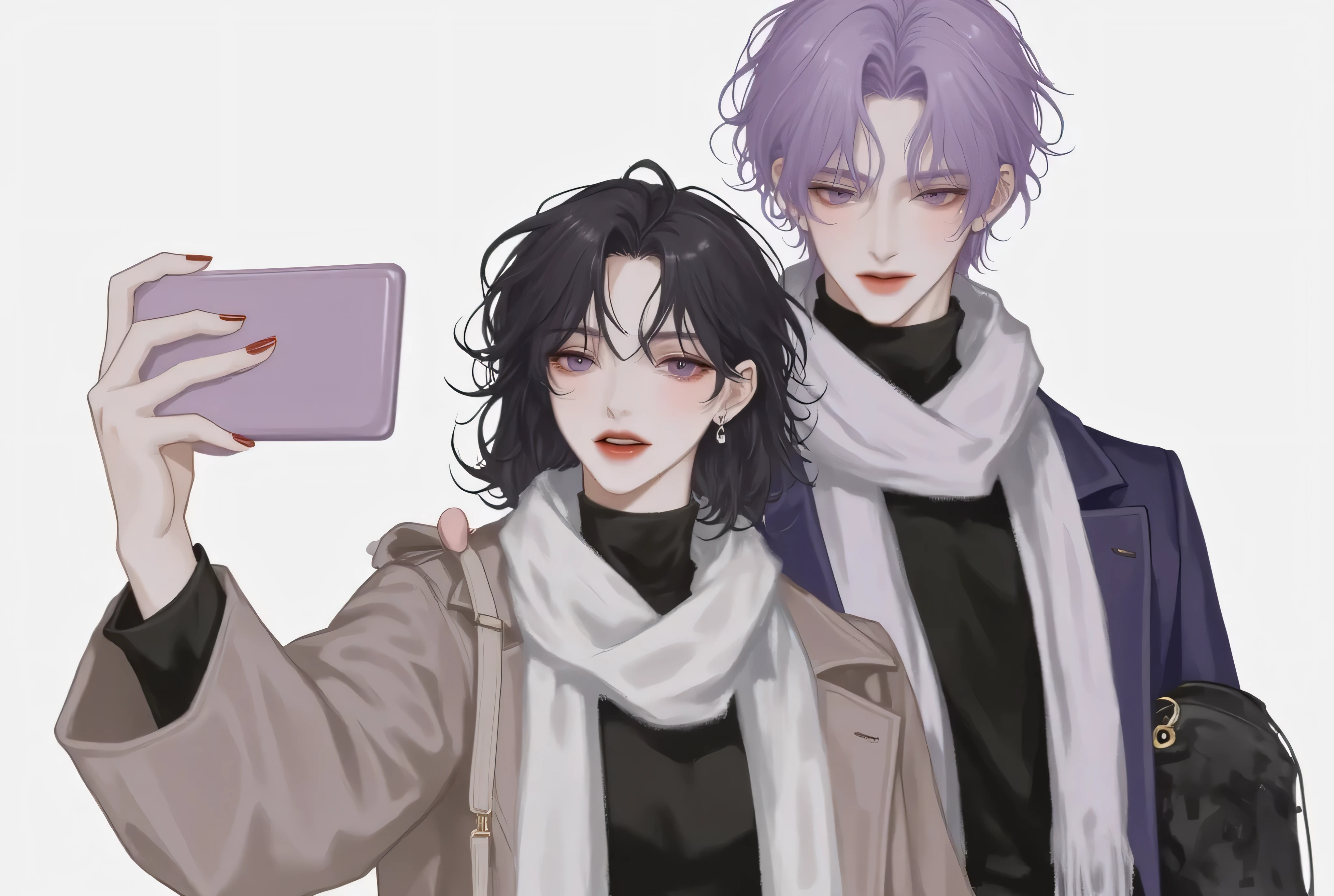 anime couple、 anime illustration、 landmine Kpop holiday 、Couple selfie 、 happy face、Young Couple Photos 、noon、By the wall of a coffee shop 、With my girlfriend with black short hair、My boyfriend with light purple short hair、Couple taking selfies、 stylish boy model dressed as a cool guy、One beautiful, young, pretty girl wrapped in a beautiful scarf、 cute expression 、bisexual 、 cool、Light purple hair color、Short Hair、 arranged hair 、Handsome Hair、Small face、 white skin、Neutral face、Cool guy、 cute face 、 cool sharp eyes 、Light blue eyes、sharp thin eyebrows 、 Tall、 style with 2 hands、 I like cool stuff 、Black school uniform、 wrap a scarf around your neck、Age 19、 half Japanese and Korean man 、Fascinating fans、Seduce、 beautiful photo 、masterpiece、 best quality 、 HD、 Fantastic 、 the background is bright 、Photographed from diagonally above、 beautiful portrait、 menswear makeup 、 Anime Makeup 、 cute girl with piercings 、 has a story like a K-drama 、Let's make happy memories together