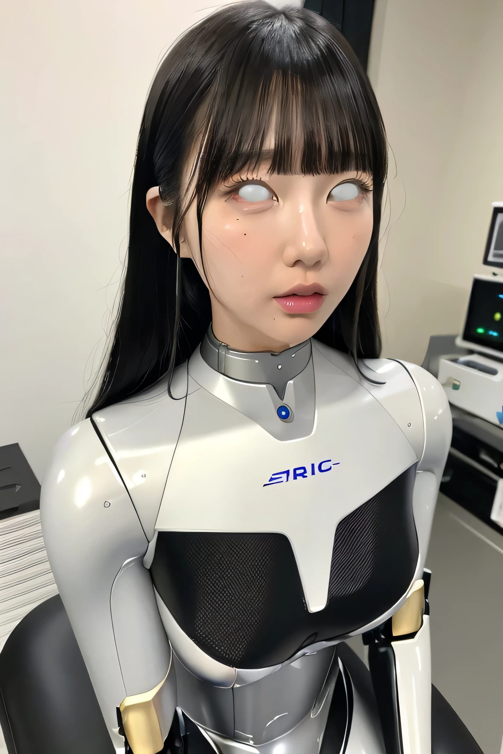 masterpiece, best quality, extremely detailed, Japaese Cyborg girl,Plump , control panels,android,Droid,Mechanical Hand, Robot arms and legs, Black Robot Parts,Black hair,Mechanical body,Blunt bangs,White robotics parts,perfect robot girl,long tube,thick cable connected her neck,ceramic body ,mechanical body, mechanical ear cover, mechanical costume,android,robot,humanoid,cyborg,japanese android woman ,mechanical chest,shirome,future laboratory,connecting a cable between the legs,