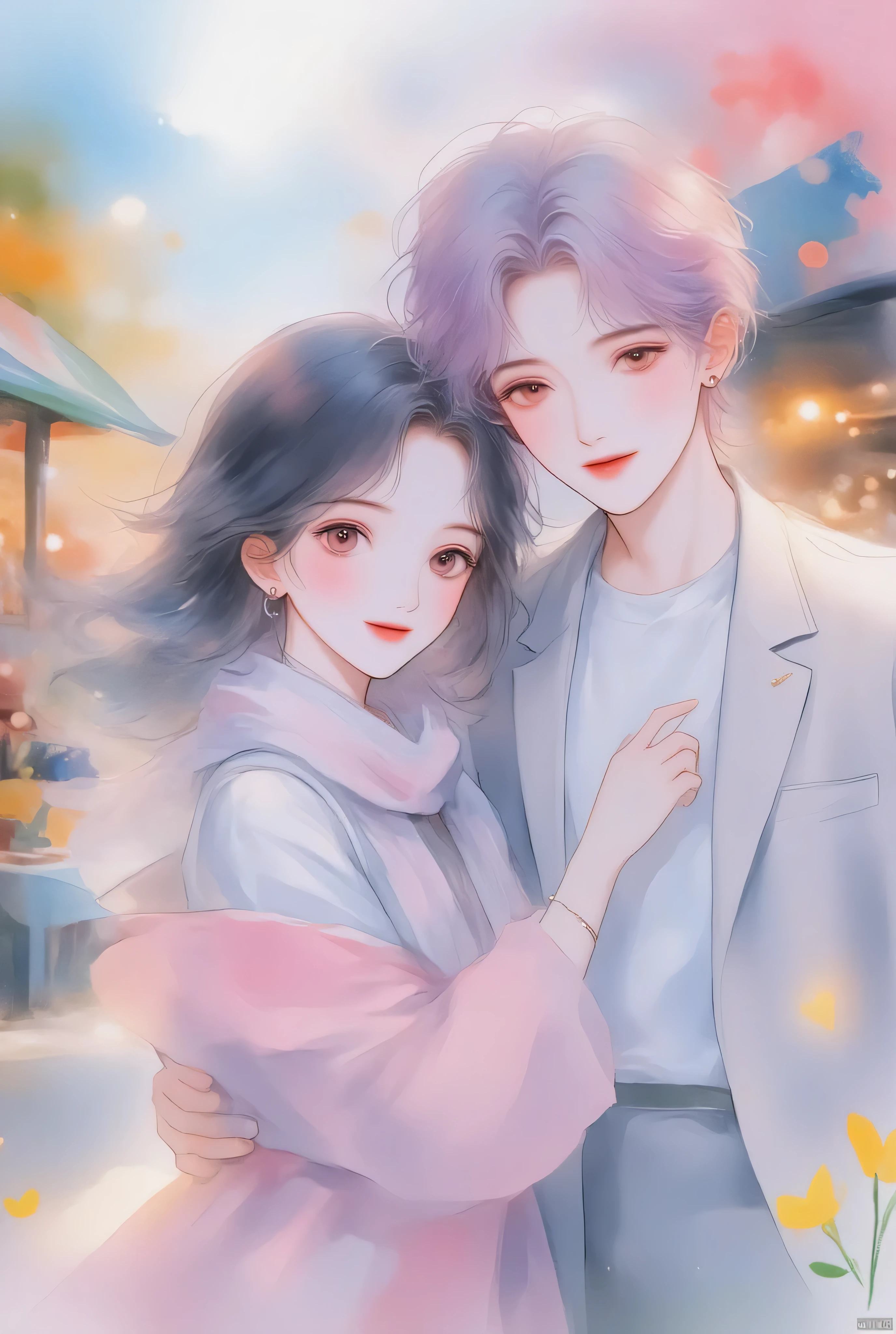 anime couple、watercolor animated illustration 、 landmine Kpop holiday 、Couple selfie 、 happy face、Young Couple Photos 、noon、By the wall of a coffee shop 、With my girlfriend with black short hair、My boyfriend with light purple short hair、Couple taking selfies、 stylish boy model dressed as a cool guy、 one beautiful young cute girl wrapped in a beautiful scarf、 cute expression 、bisexual 、 cool、Light purple hair color、Short Hair、 arranged hair 、Handsome Hair、Small face、 white skin、Neutral face、Cool guy、 cute face 、 cool sharp eyes 、Light blue eyes、sharp thin eyebrows 、 Tall、 style with 2 hands、 I like cool stuff 、Black school uniform、 wrap a scarf around your neck、Age 19、 half Japanese and Korean man 、Fascinating fans、Seduce、 beautiful photo 、masterpiece、 best quality 、 HD、 Fantastic 、 the background is bright 、Photographed from diagonally above、 beautiful portrait、 menswear makeup 、 Anime Makeup 、 cute girl with piercings 、 has a story like a K-drama 、Let's make happy memories together