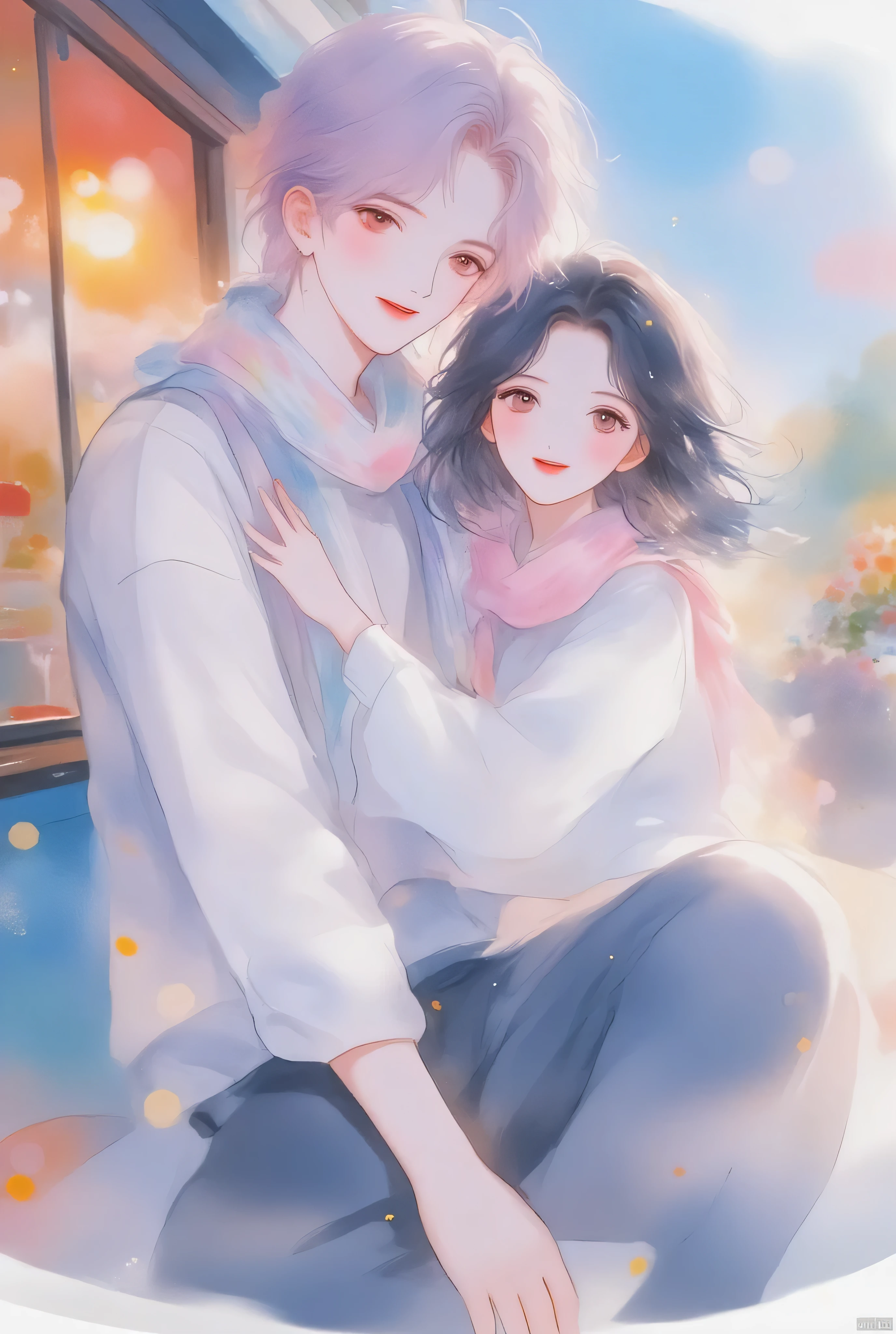 anime couple、watercolor animated illustration 、 landmine Kpop holiday 、Couple selfie 、 happy face、Young Couple Photos 、noon、By the wall of a coffee shop 、With my girlfriend with black short hair、My boyfriend with light purple short hair、Couple taking selfies、 stylish boy model dressed as a cool guy、 one beautiful young cute girl wrapped in a beautiful scarf、 cute expression 、bisexual 、 cool、Light purple hair color、Short Hair、 arranged hair 、Handsome Hair、Small face、 white skin、Neutral face、Cool guy、 cute face 、 cool sharp eyes 、Light blue eyes、sharp thin eyebrows 、 Tall、 style with 2 hands、 I like cool stuff 、Black school uniform、 wrap a scarf around your neck、Age 19、 half Japanese and Korean man 、Fascinating fans、Seduce、 beautiful photo 、masterpiece、 best quality 、 HD、 Fantastic 、 the background is bright 、Photographed from diagonally above、 beautiful portrait、 menswear makeup 、 Anime Makeup 、 cute girl with piercings 、 has a story like a K-drama 、Let's make happy memories together