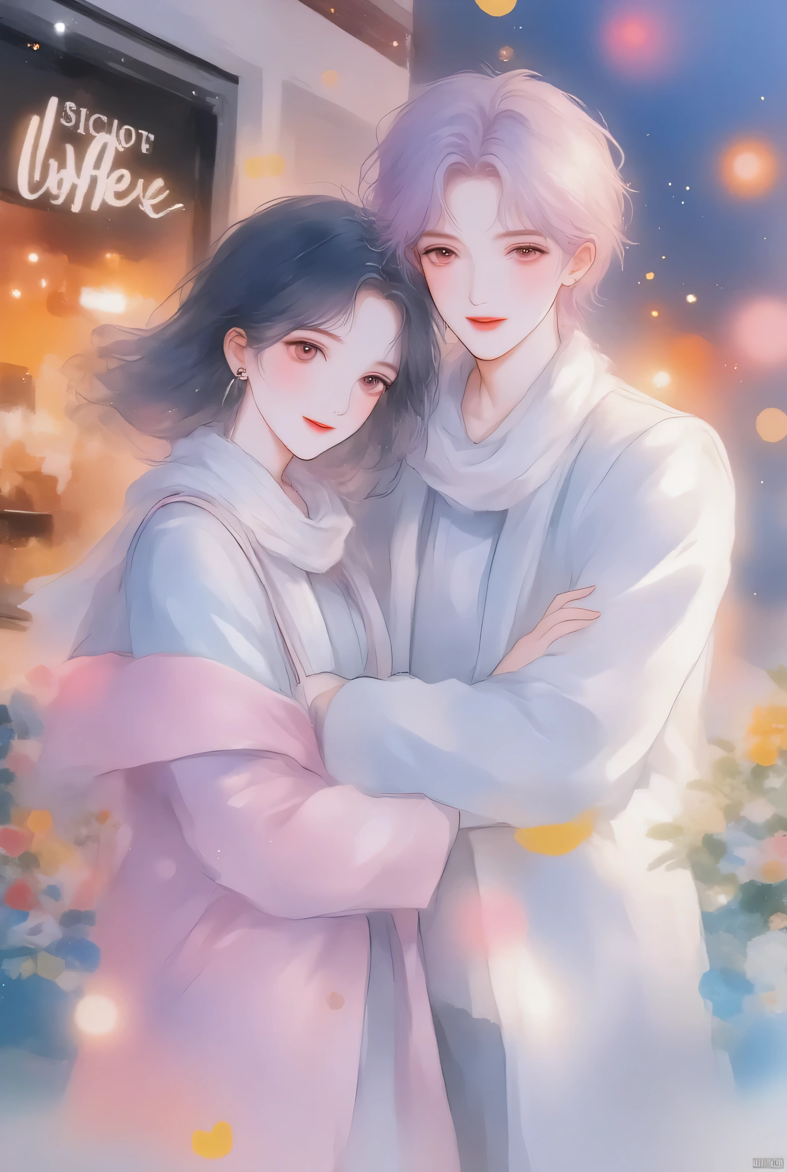 anime couple、watercolor animated illustration 、 landmine Kpop holiday 、Couple selfie 、 happy face、Young Couple Photos 、noon、By the wall of a coffee shop 、With my girlfriend with black short hair、My boyfriend with light purple short hair、Couple taking selfies、 stylish boy model dressed as a cool guy、 one beautiful young cute girl wrapped in a beautiful scarf、 cute expression 、bisexual 、 cool、Light purple hair color、Short Hair、 arranged hair 、Handsome Hair、Small face、 white skin、Neutral face、Cool guy、 cute face 、 cool sharp eyes 、Light blue eyes、sharp thin eyebrows 、 Tall、 style with 2 hands、 I like cool stuff 、Black school uniform、 wrap a scarf around your neck、Age 19、 half Japanese and Korean man 、Fascinating fans、Seduce、 beautiful photo 、masterpiece、 best quality 、 HD、 Fantastic 、 the background is bright 、Photographed from diagonally above、 beautiful portrait、 menswear makeup 、 Anime Makeup 、 cute girl with piercings 、 has a story like a K-drama 、Let's make happy memories together
