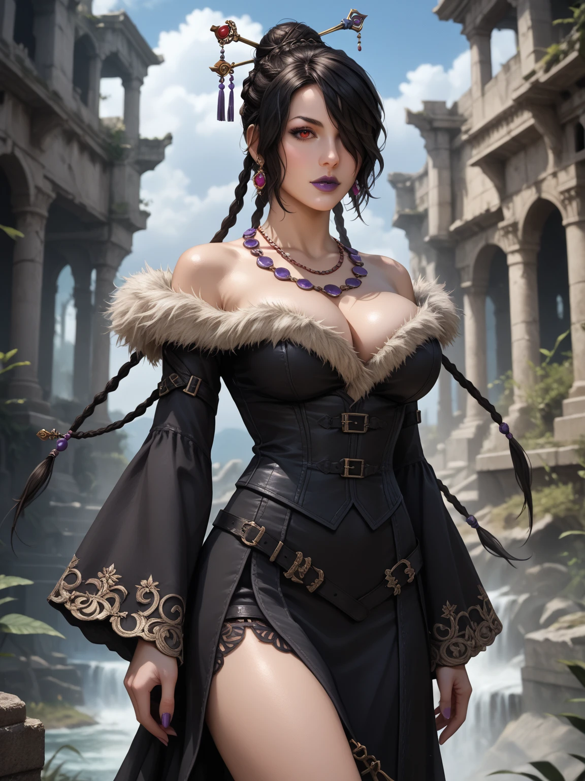 1girl, (solo:1.2), curvy, (looking at viewer:1.4), (masterpiece:1.2), (best quality:1.2), (perfect anatomy:1.4), (standing:1.4), (singing:1.2), energetic, (large breasts:1.5), (cowboy shot:1.4), <lora:Lulu [AsuraAI - v1.0]:0.85> lulu_ff10, red eyes, jewelry, mole, purple lipstick, hair bun, fur trim, dress, overgrown ruins, subtropical forest, stone, moss,, <lora:NeoArtCore [MockAi - v1.0]:0.8> neoartcore, pinup, (soft shading:1.2)